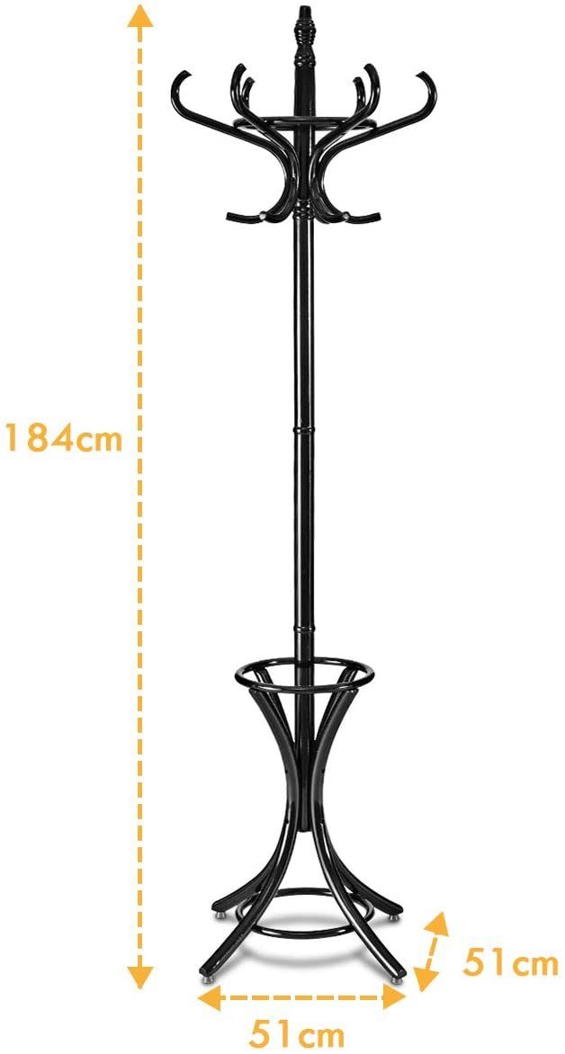 184cm, 12 Garderobenständer, COSTWAY Kleiderhaken Schwarz mit und Schirmständer