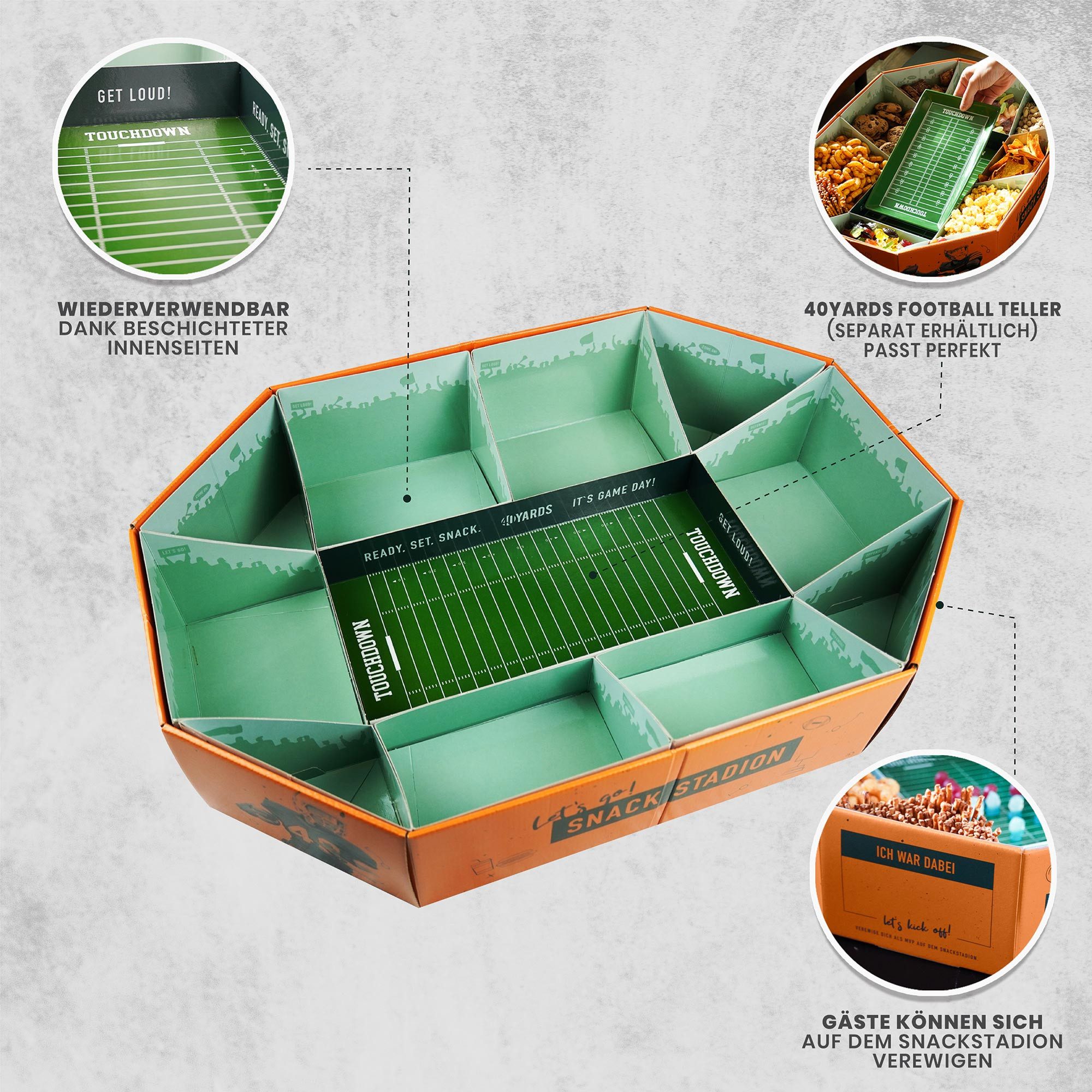 40YARDS Servierplatte American Football Snack Stadium – Großes XXL Snack Stadion, (61 x 43 x 12,5 cm) – Bild 3 von 5