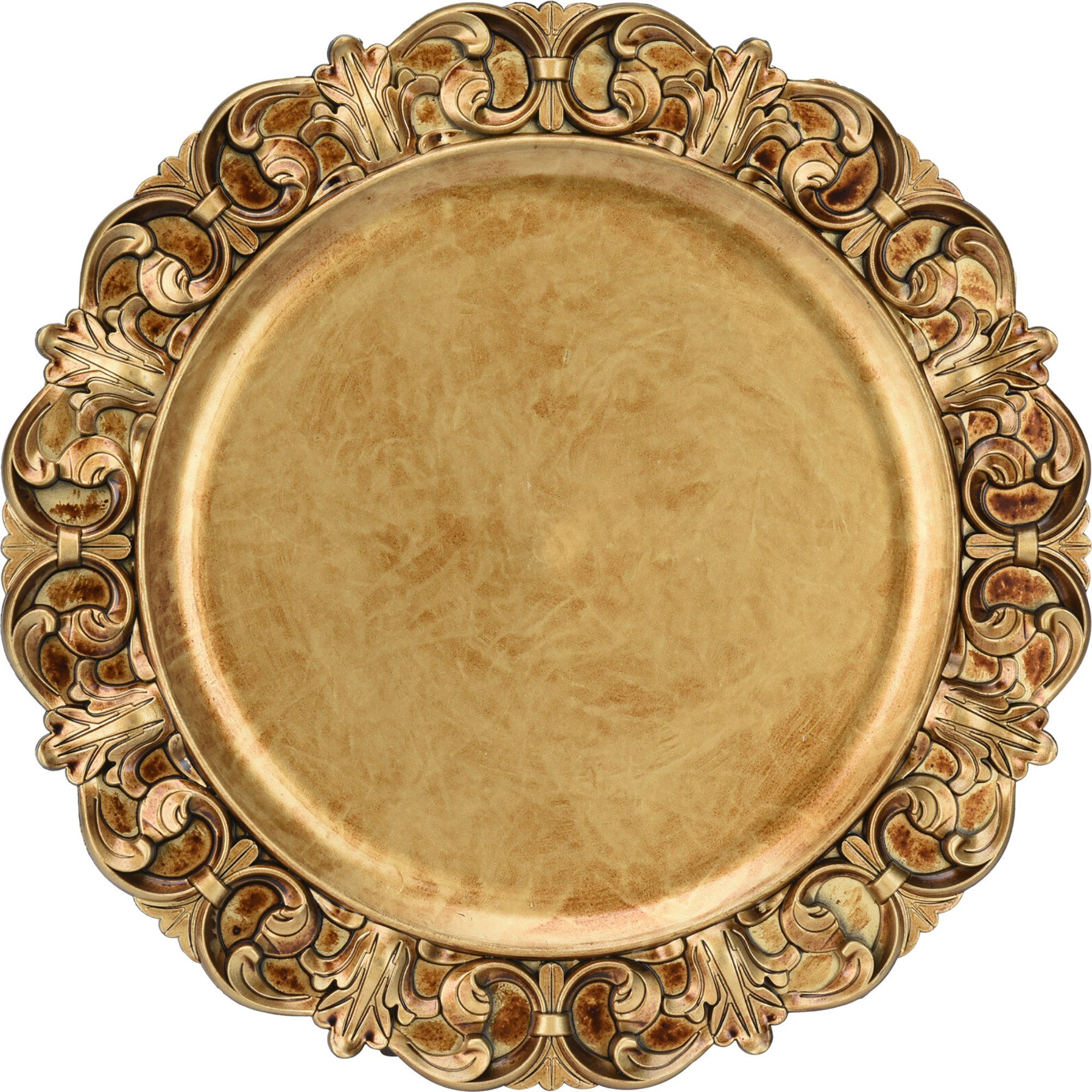 Platzset, Platzteller aus Kunststoff im Antik-Finish Ø 36 cm, Annastore, Außergewöhnliche Platzteller für den festlich gedeckten Tisch Antik-Goldfarben