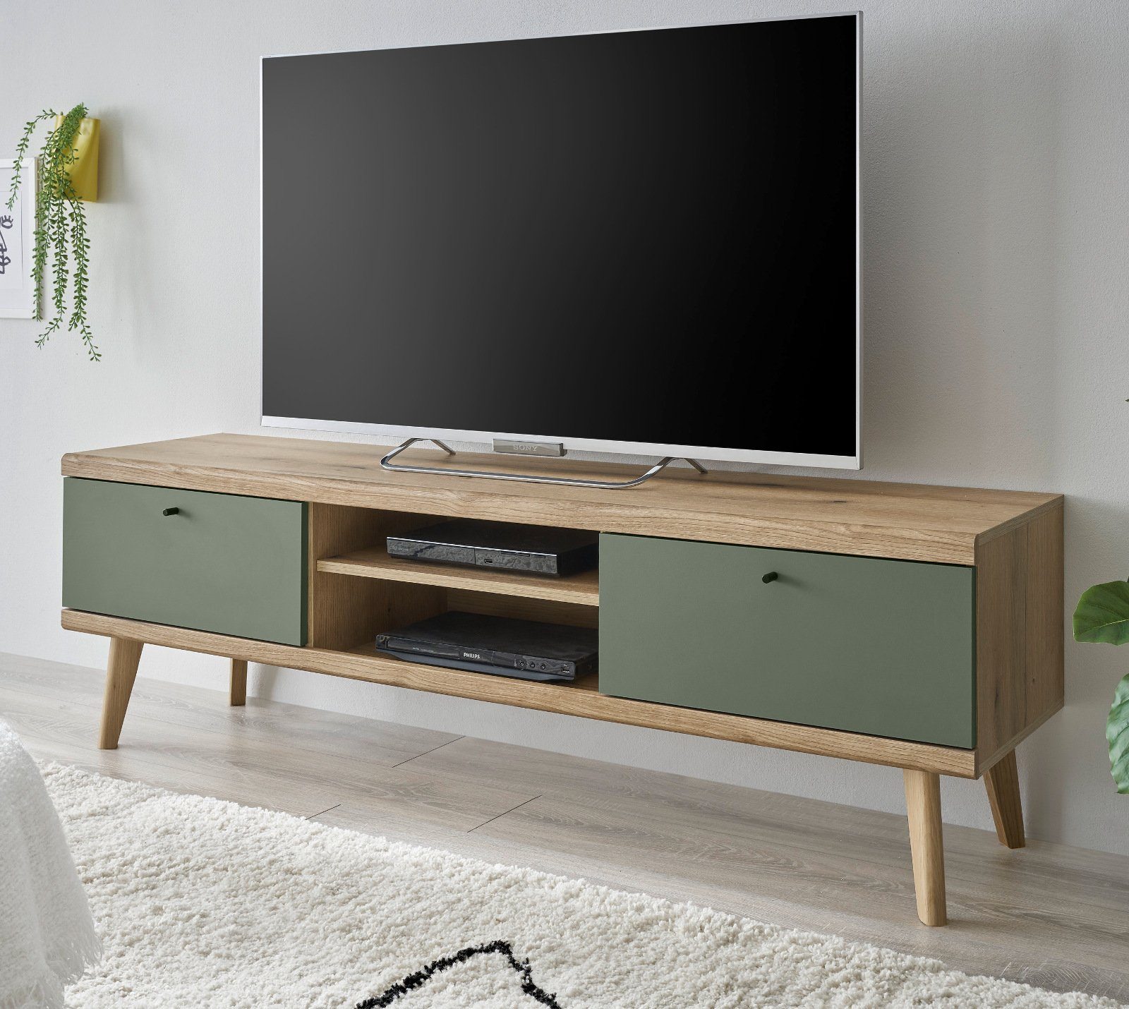 Furn.Design Lowboard Juna (TV Unterschrank in Eiche mit Salbeigrün, 160 x 50 cm), skandinavisches Design
