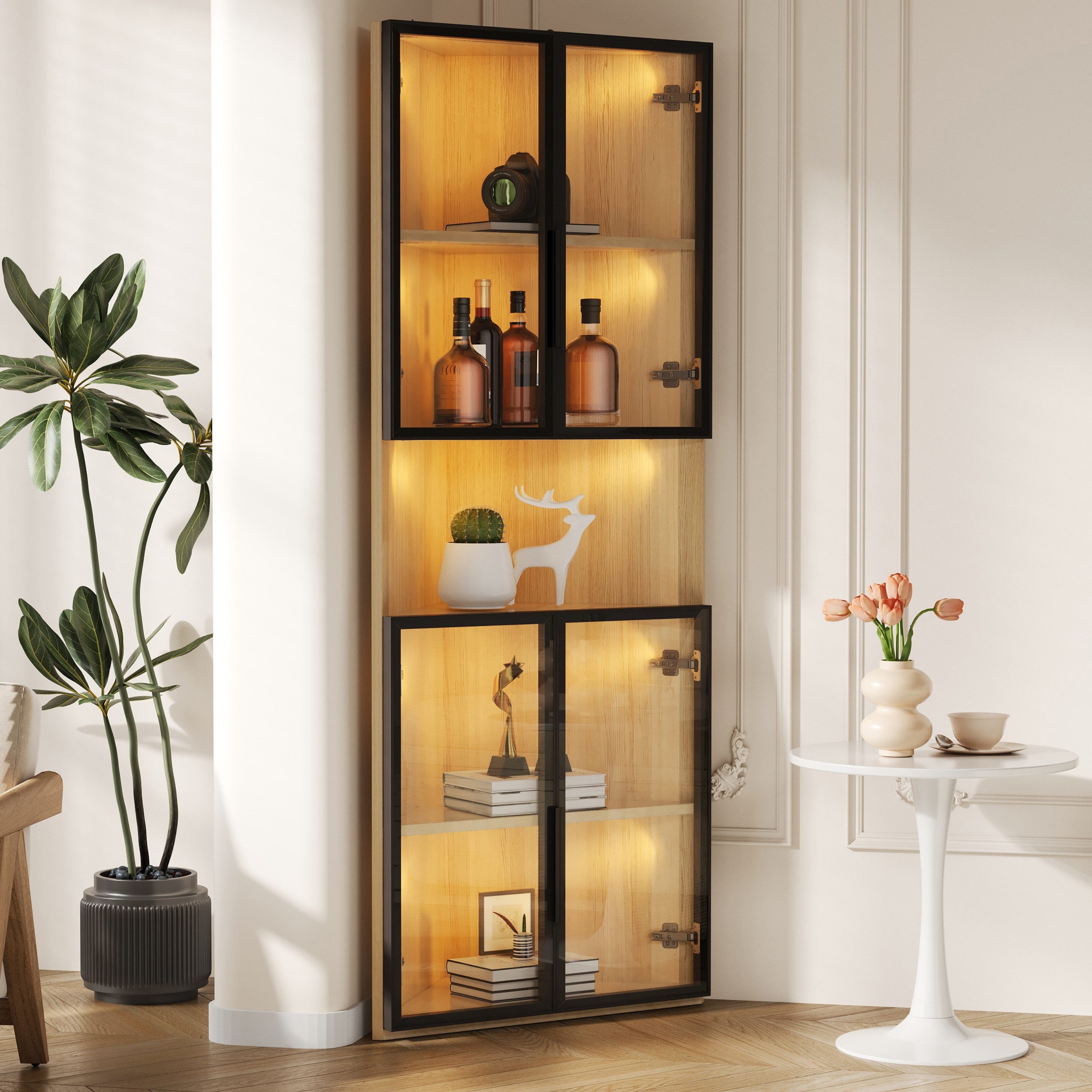OKWISH Vitrine LED-Glasvitrine 62x32x160cm in Eiche (Packung, 1-St., Integrierte Lichtleiste & gehärtetes Glas, mit 4 Türen) Eckvitrine für Sammlungen, Bücher, Wein, Bad