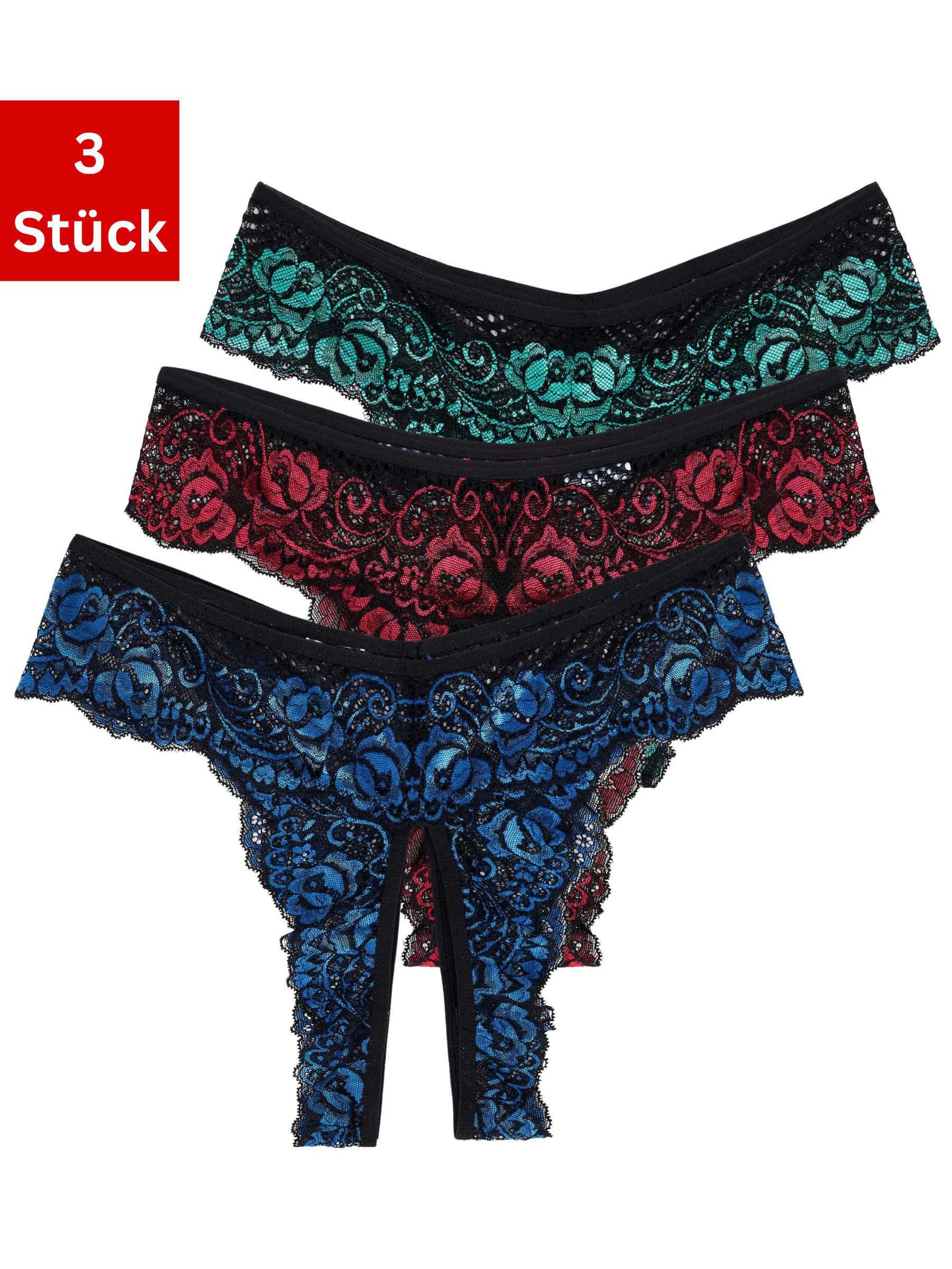 Elegant Love Slip-Ouvert Tanga mit offenem Schritt, Unterwäsche aus Spitze (3-St., 3er-Pack) String, sinnliche Reizwäsche, Unterhosen für Damen, elegante Pantys