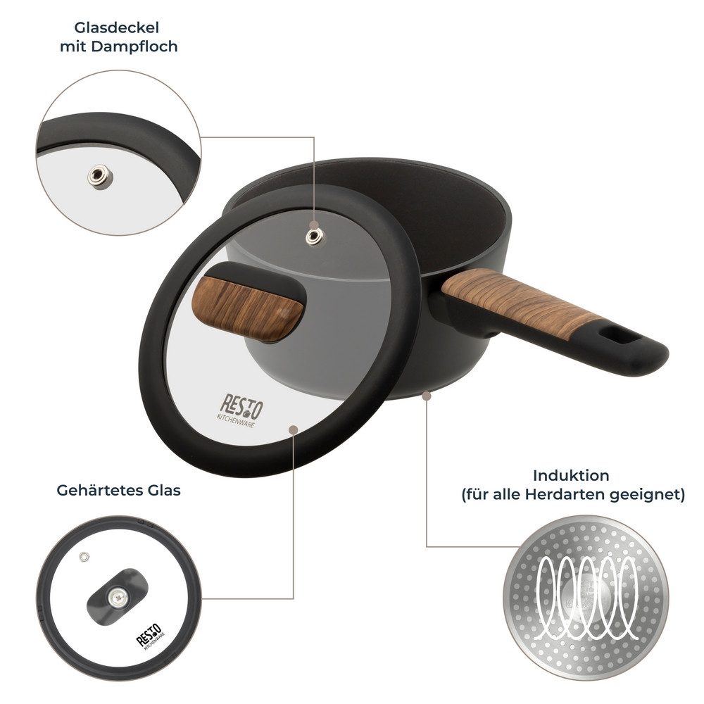 RESTO Kitchenware Kasserolle Mon, Topf 1,4 l, antihaftbeschichtet und spülmaschinenfest, Aluminium (2-tlg), mit Glasdeckel und stoßdämpfendem Silikonrand, im Geschenkkarton