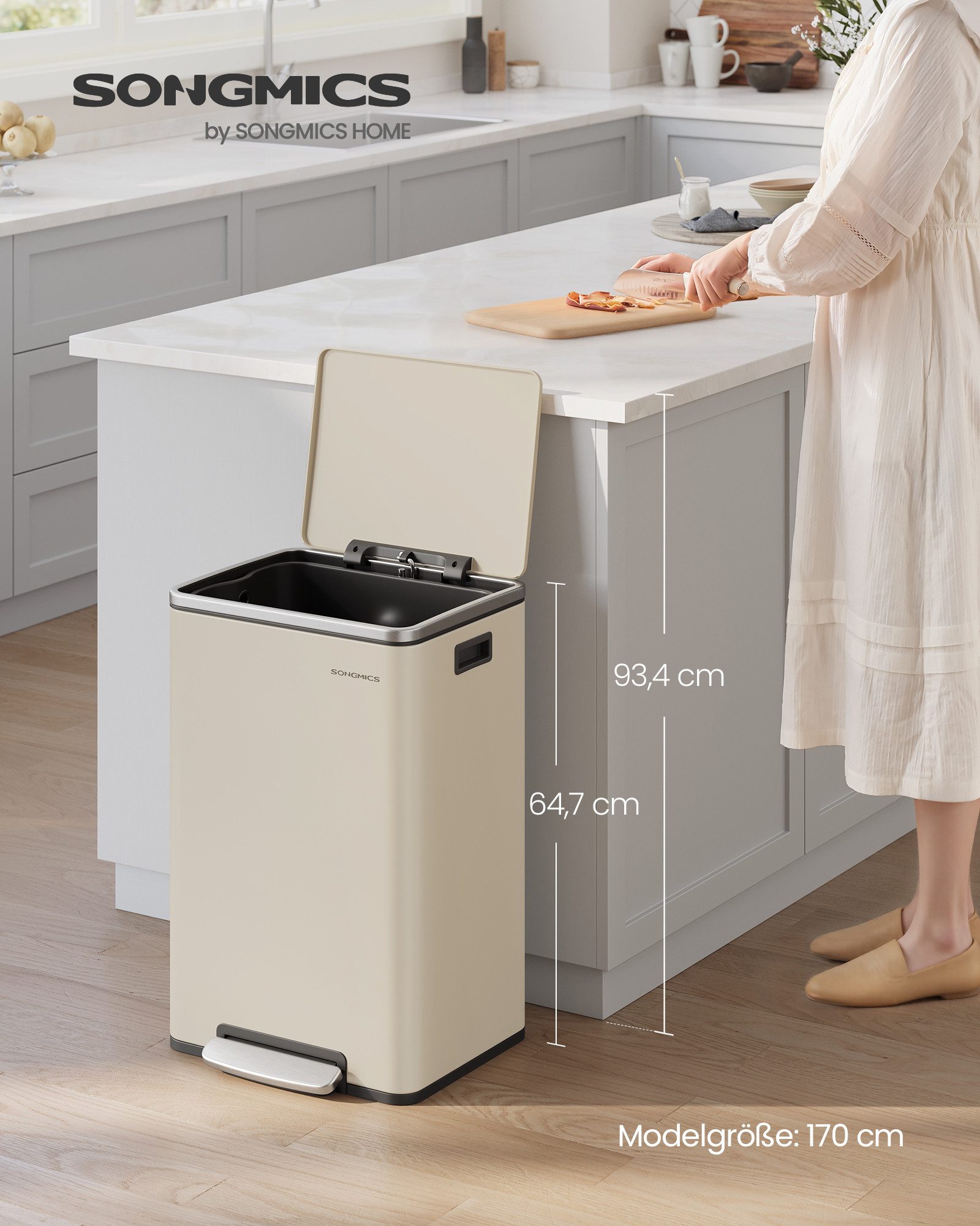 SONGMICS Mülleimer Abfalleimer, Mülleimer 50 L, 15 Müllsäcke, Stahl, herausnehmbarer Inneneimer