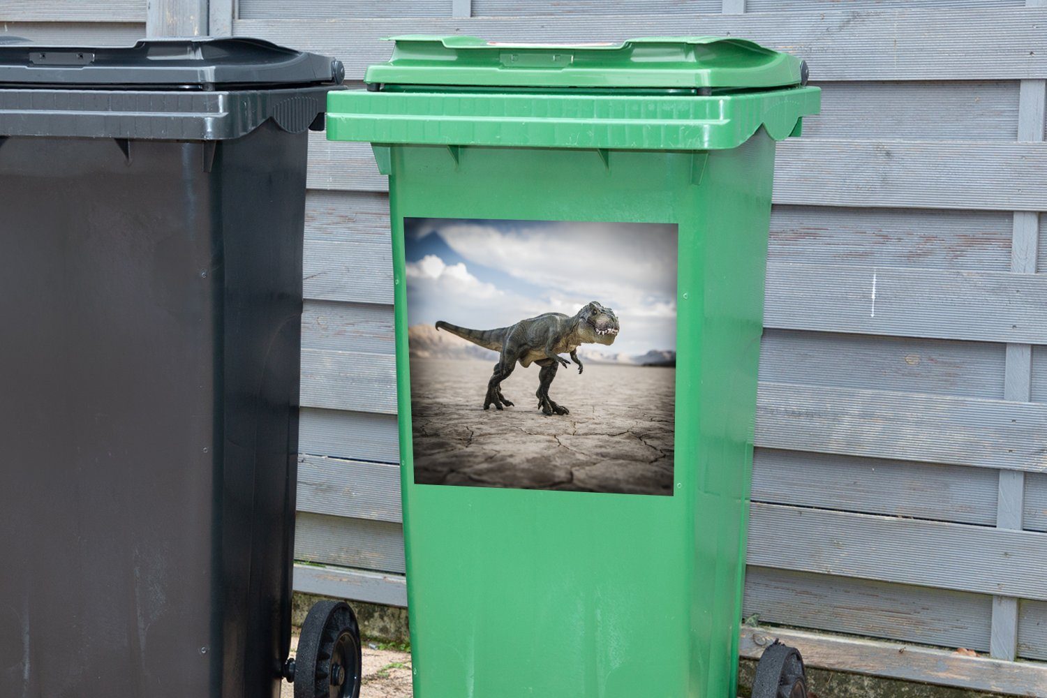 Mülltonne, Wandsticker (1 Sticker, Dinosaurier - Container, Sand MuchoWow St), Steine Abfalbehälter Mülleimer-aufkleber, -