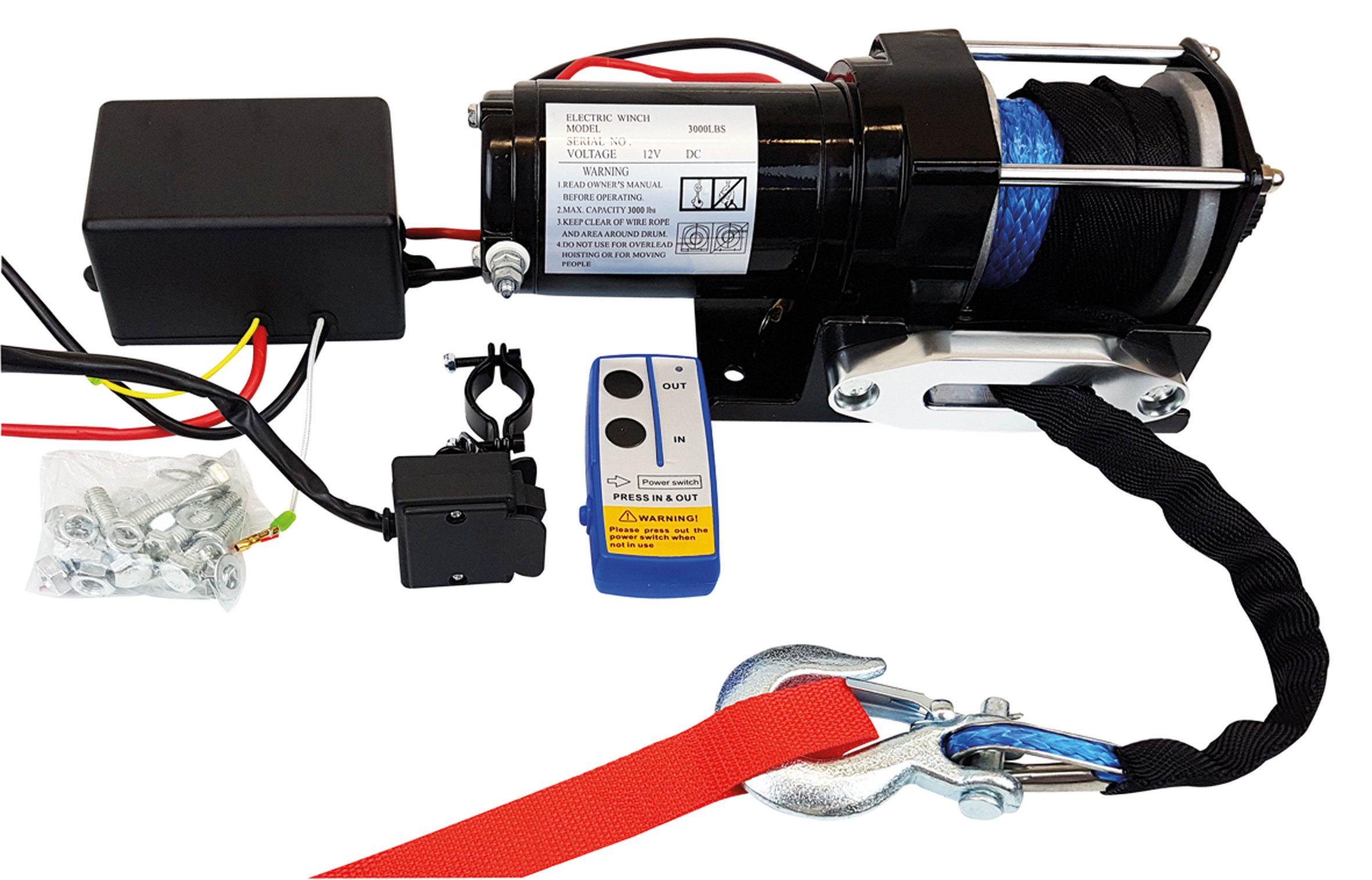 Berger & Schröter Seilwinde Profi 12 V, 2700 kg Synthetikseil oder Stahlseil, Leichtes Synthetikseil mit Freilauf und Fernbedienung