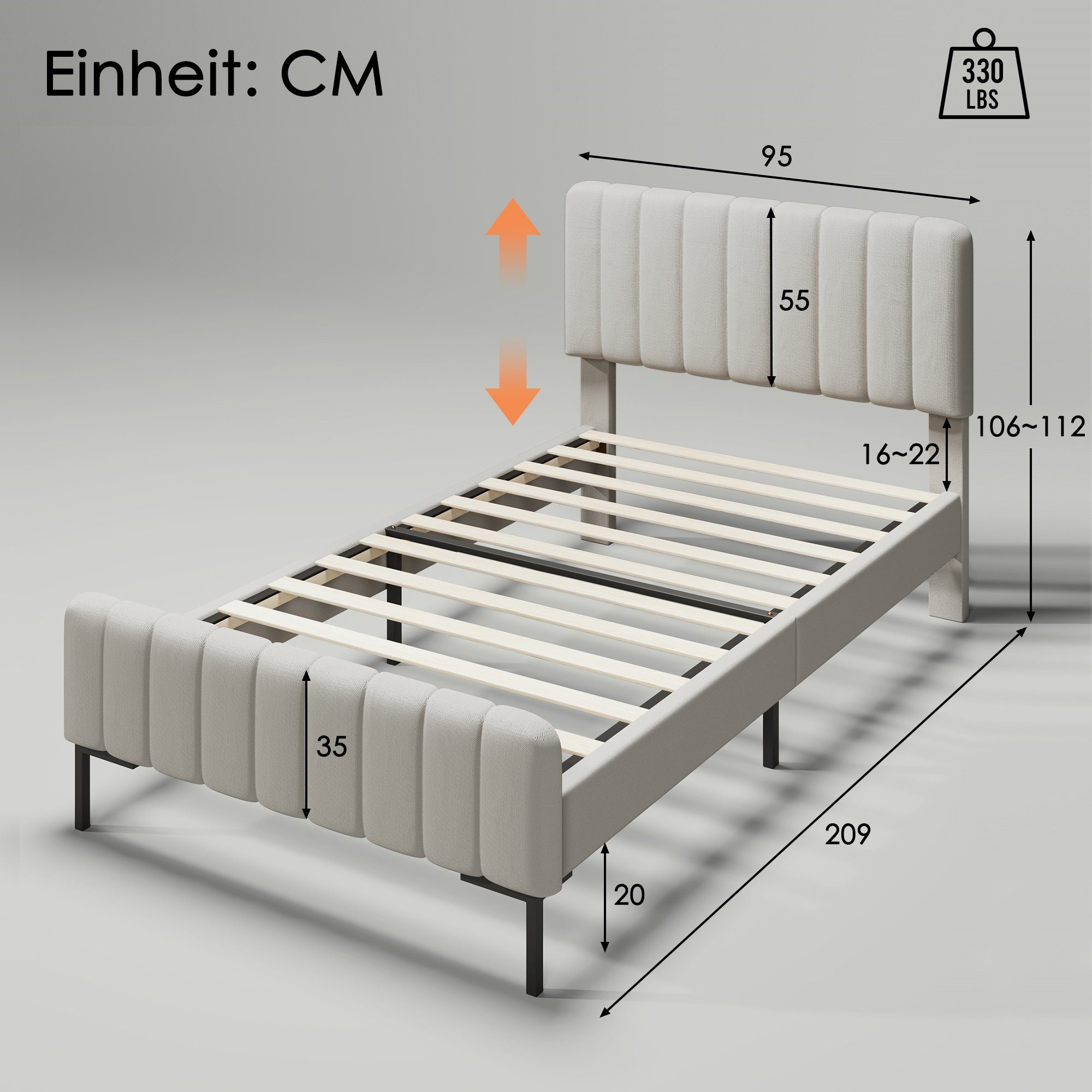(90x200cm), Jugendbett für Leinen verstellbares Kopfteil Einzelbett Schlafzimmer OKWISH Polsterbett Gästezimmer-Leinenmaterial