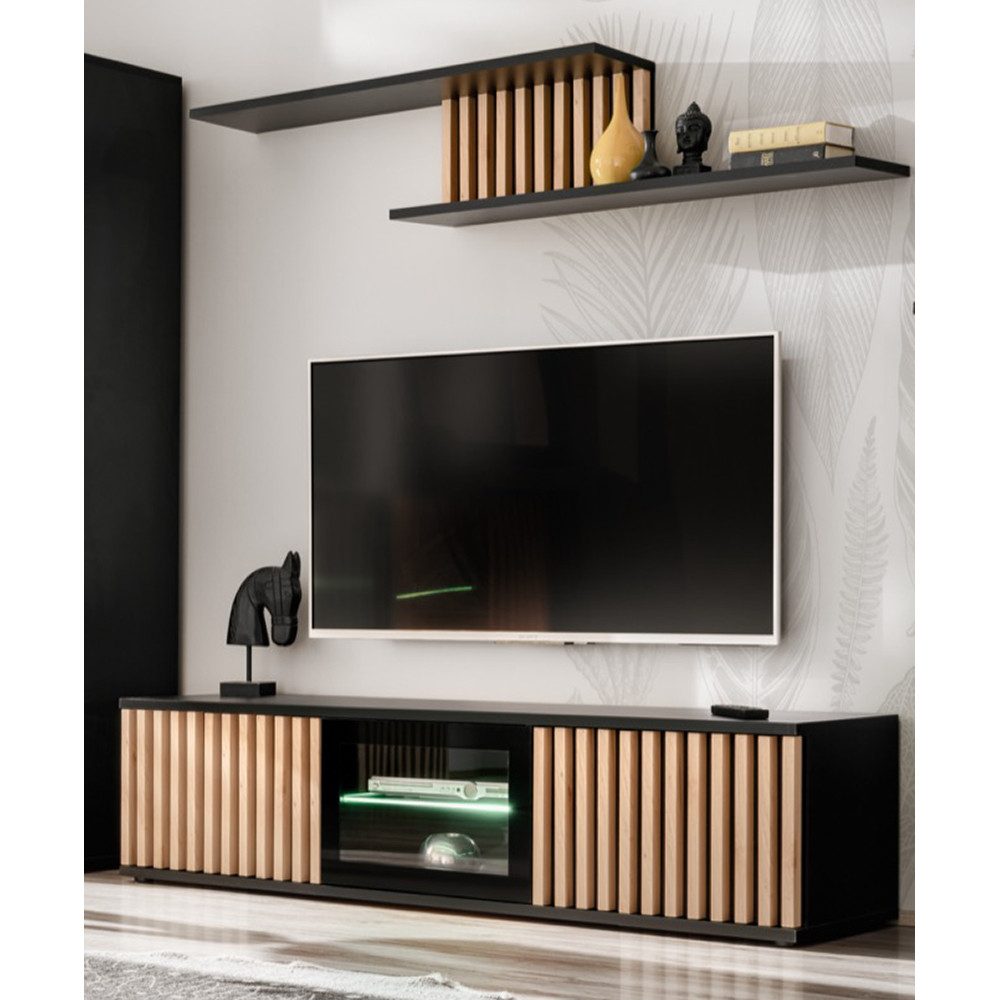 Lomadox Wandregal CATANZARO-164, Wandboard, schwarz mit Lamellen in Hickory günstig online kaufen