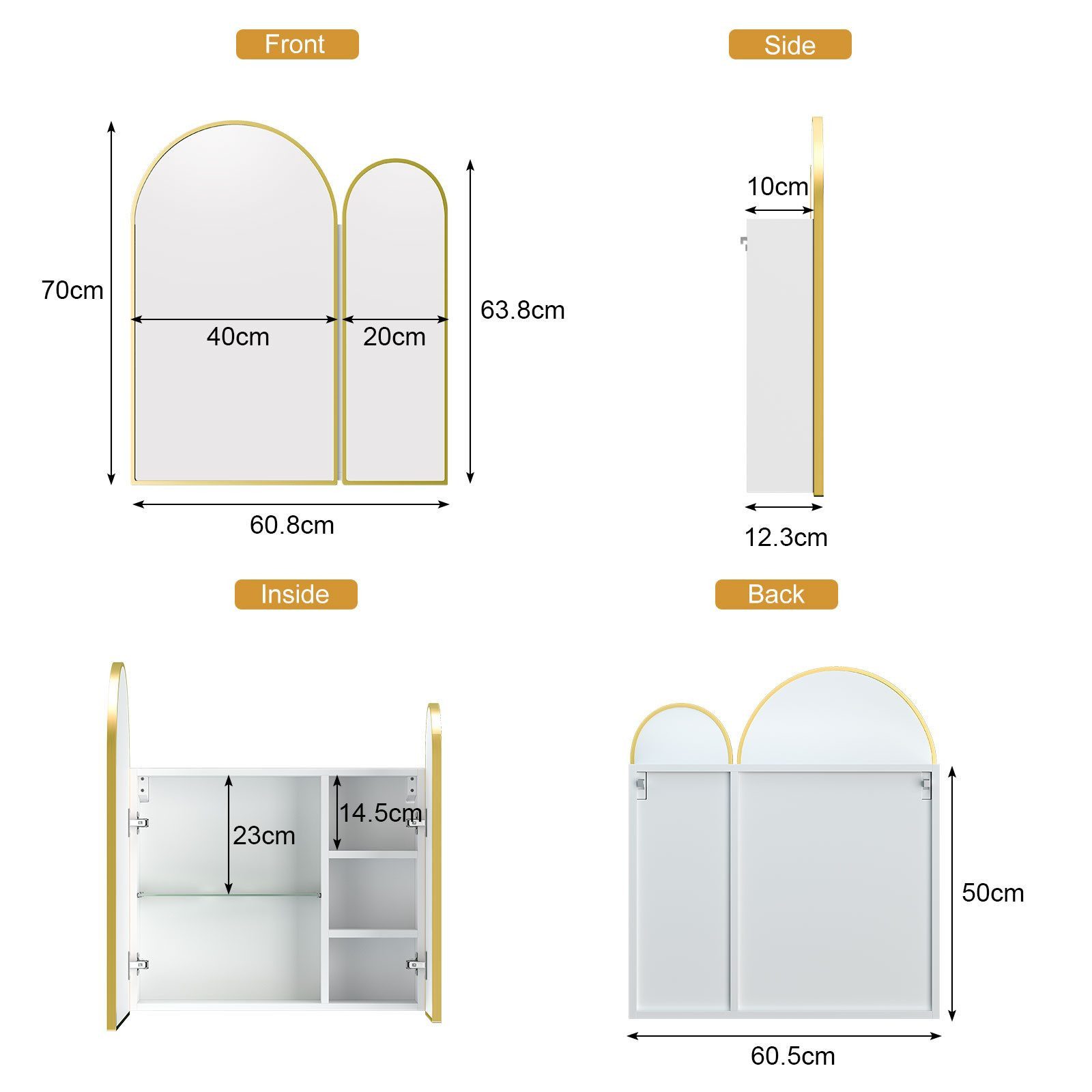 radelldar Badezimmerspiegelschrank Wandschrank mit Stauraum, HD-Spiegel Schrank (1-St) 2-türiger Bogen-Spiegelschrank, 60,8x70 cm