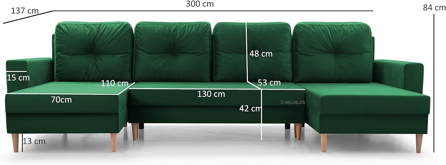 Polsterecke U-Form mit Carl Schlaffunktion und 300x137x84 cm, Couch Schlaffunktion Sofa MANILA mit U, Wohnlandschaft Ecksofa Bettkasten 22 MOEBLO - Eckcouch - U-Sofa mit Braun Bettkasten