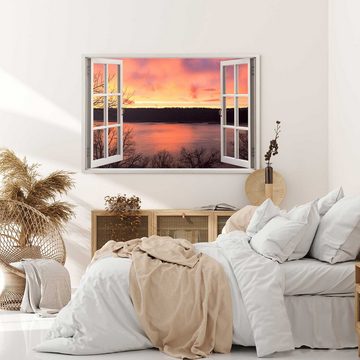 Sinus Art Leinwandbild Wandbild 120x80cm Fensterbild Sonnenuntergang Abendrot See Natur Rot, (1 St)