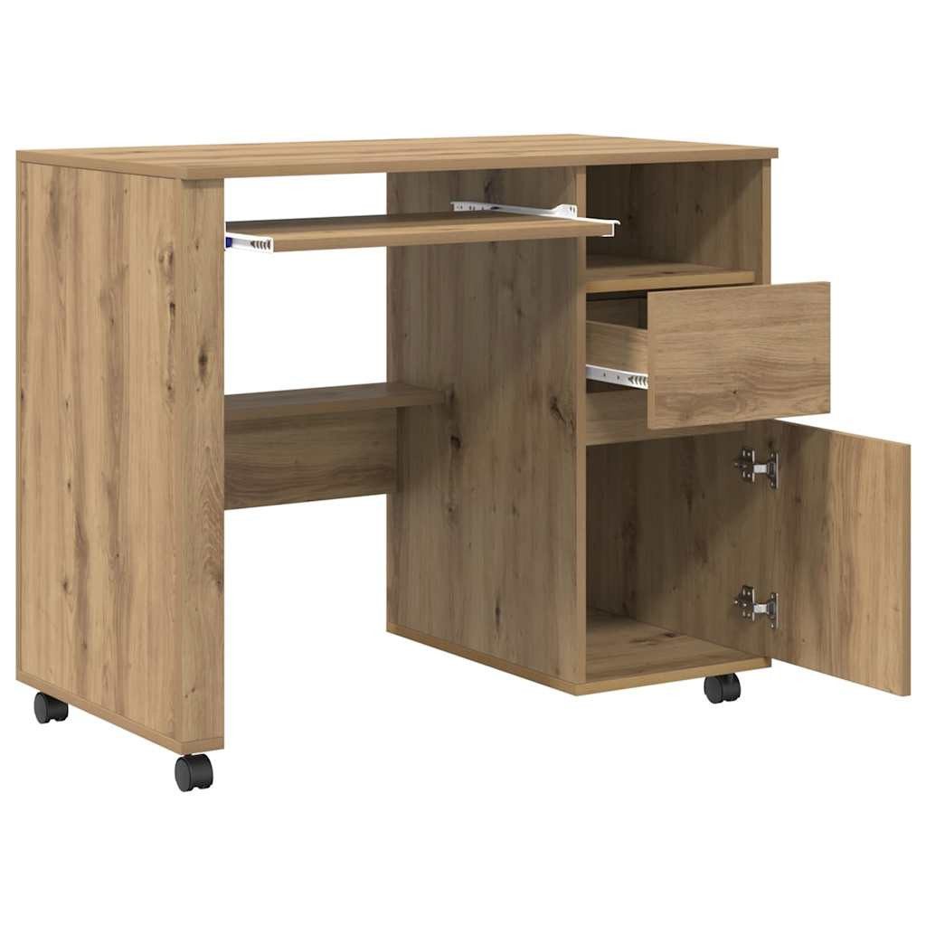 vidaXL Schreibtisch Tisch mit Rädern Artisan-Eiche Holzwerkstoff 91 x 50 x 77 cm (1-St) – Bild 5 von 5