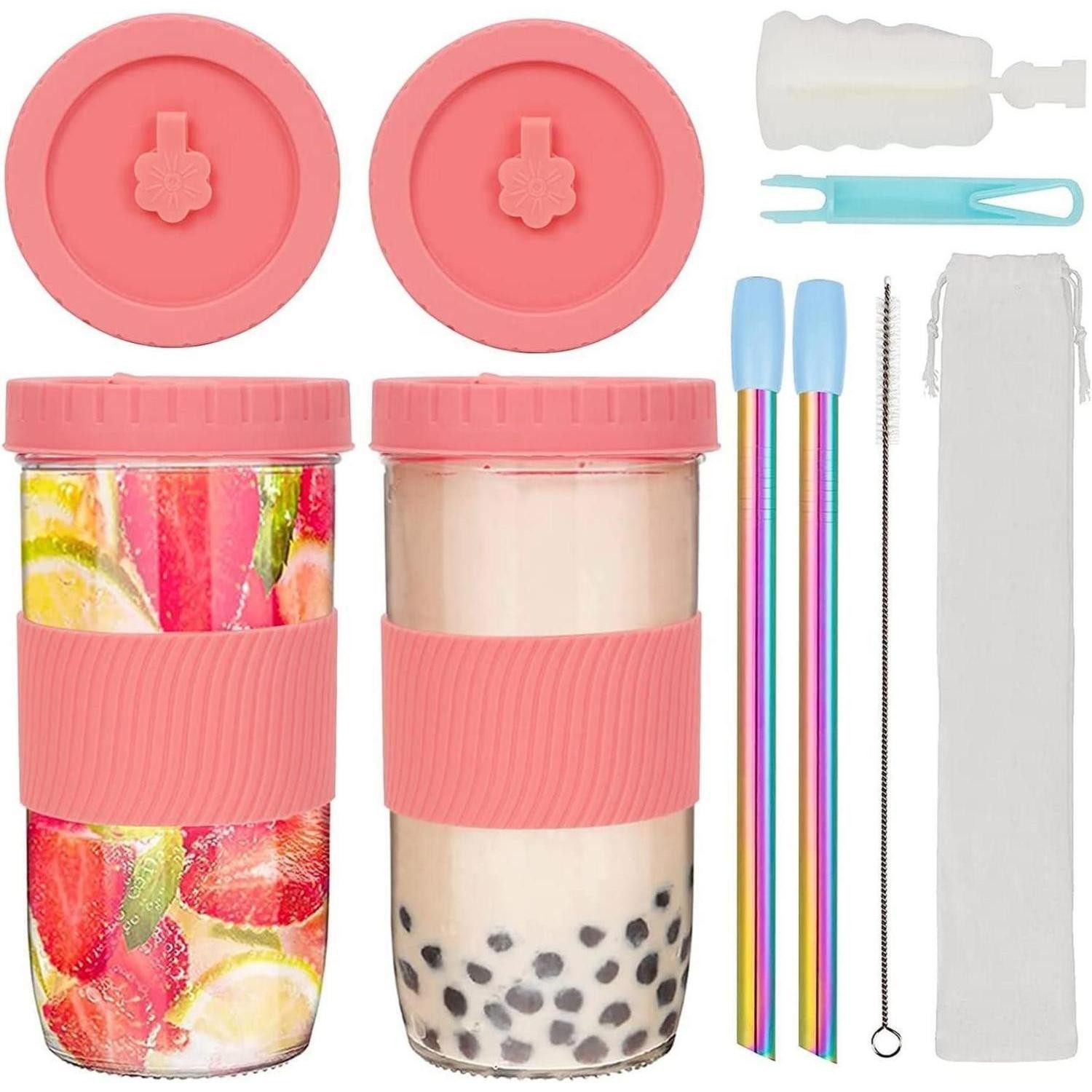 LuxusKollektion Tumbler-Glas 24oz Bubble Tea Becher mit Strohhalm und Deckel 2er Set Rosa