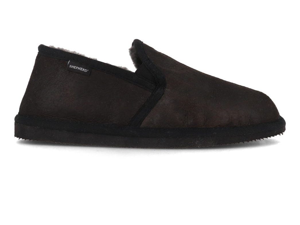 Shepherd Bosse Herren Lammfellhausschuh, matt black, Winterschuhe Hausschuh Winter, slipper, temperaturregulierend, Dunkelbraun
