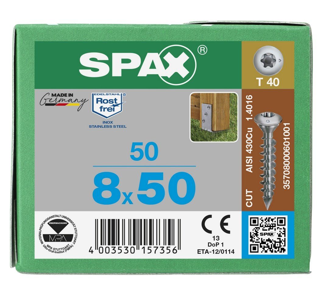 (Edelstahl St), SPAX Spanplattenschraube 50 Pfostenschraube, 8x50 A1, mm