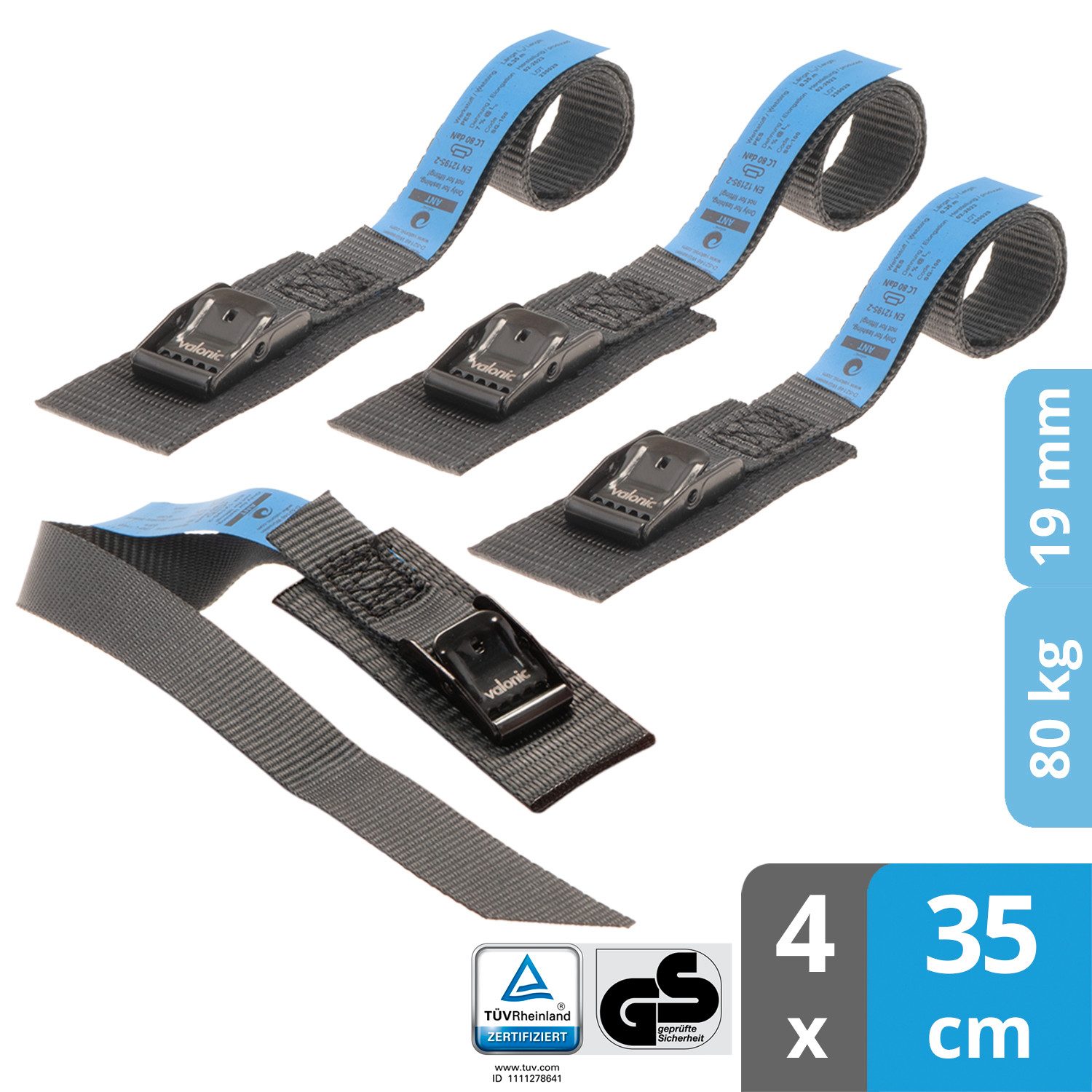 Spanngurt valonic ANT - Premium Spanngurt kurz, gepolstert, 4 Stück, 35cm, 19mm