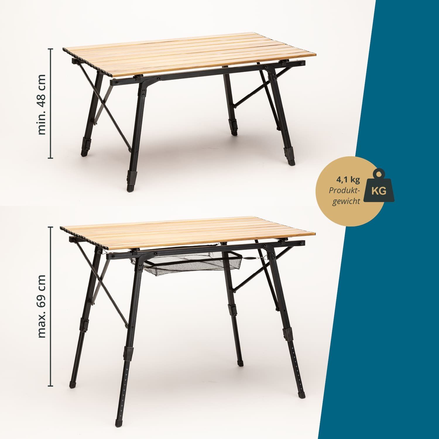 Skandika Campingtisch Alu Falttisch Jamsa, Klapptisch mit Netzablage, höhenverstellbar (10-fach höhenverstellbar, Tragetasche), leicht, 70 x 70 x 70/85 cm, bis 30 kg belastbar, wetterfest, Garten