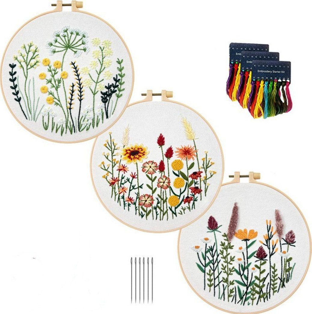 XDeer Nähkästchen 3er Anfänger Stickerei Set, Stickerei Kreuzstich Set Stickrahmen Set, Embroidery Starter Kit Runde Einstellbare