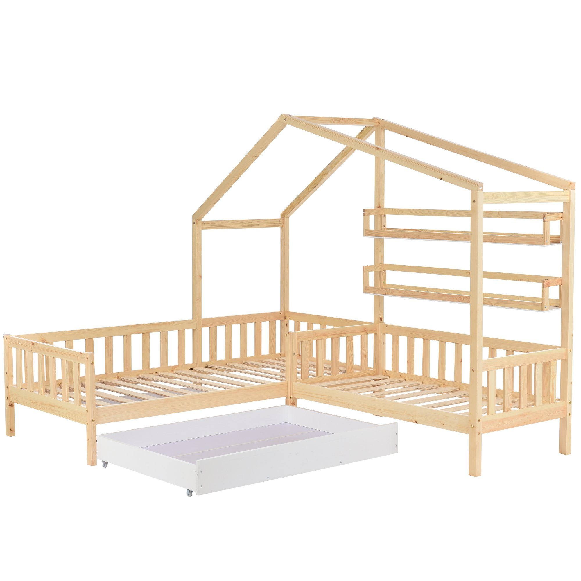 Gotagee Hausbett Kinderbett Hausbett mit Schubladen+Regalen Massivholz 90x200+140x70 cm, L-förmige Struktur, Doppelbett