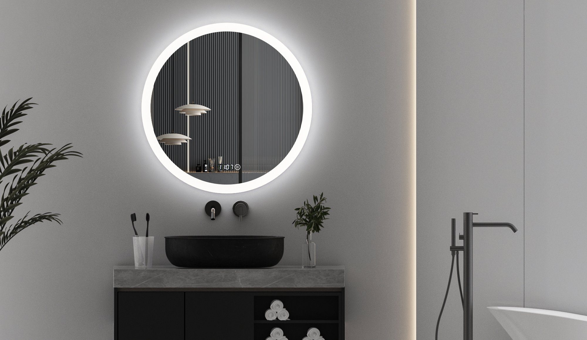 WDWRITTI Spiegel Rund 60 cm Led Badspiegel mit Touch Uhr dimmbar  Lichtfarben Helligkeit (Wandspiegel mit beleuchtung, Warmweiß, Neutral,  Kaltweiß), Speicherfunktion, IP44