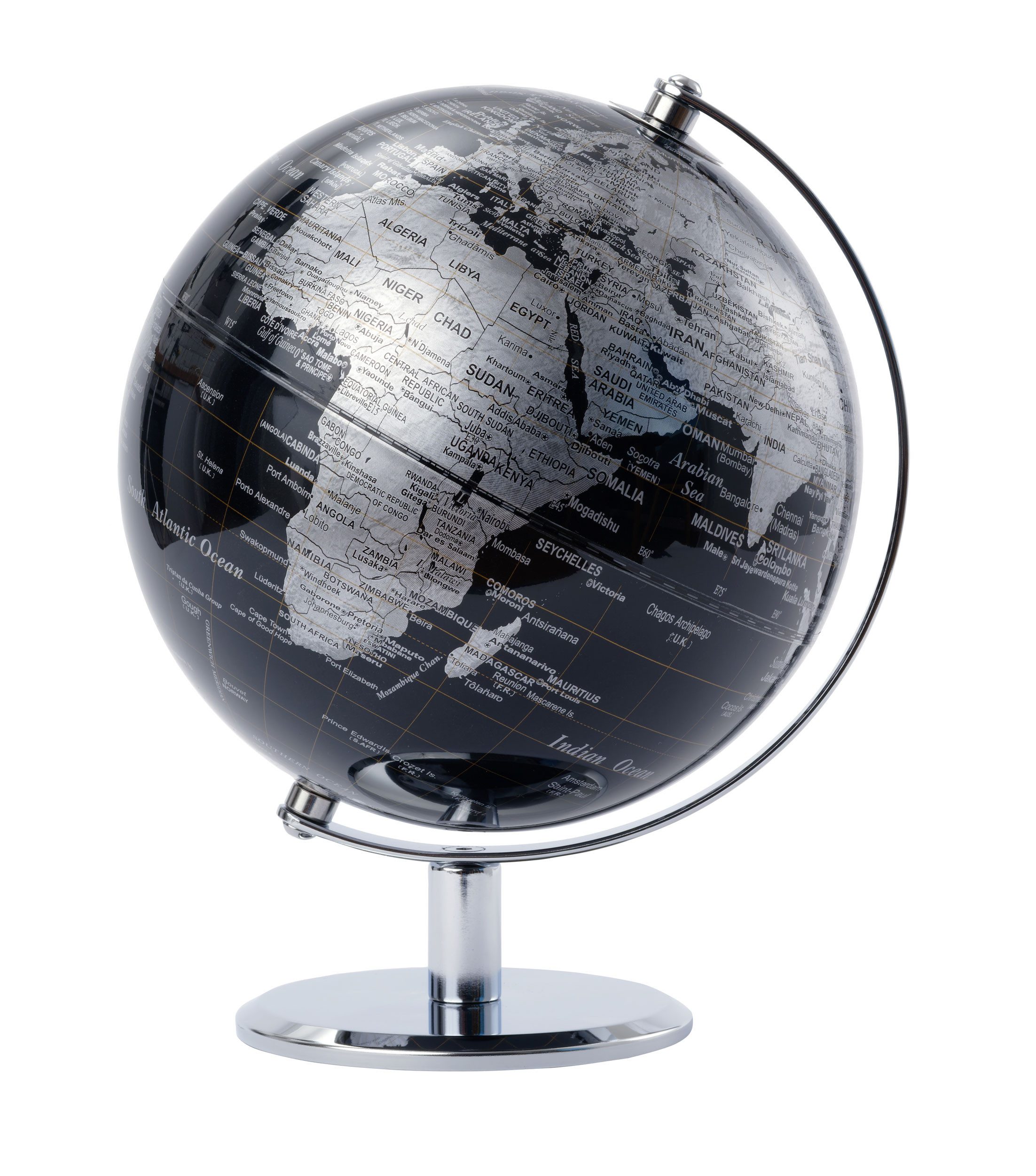 TROIKA Globus LUNAR Tischglobus mit drehbarer Achse und Metallfuß, Ø 20 cm, (1-tlg), Verchromter Metallfuß, glänzende Weltkugel mit Filzunterlage