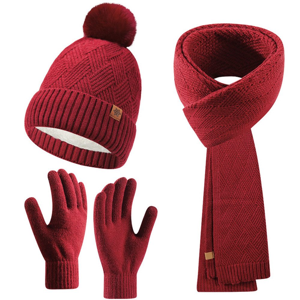Oemmn Mütze & Schal Damen Winterset 3-teilig, Mütze Schal Handschuhe Set (3-tlg) mit Bommelmütze und Touchscreen-Funktion, Warm gefüttert