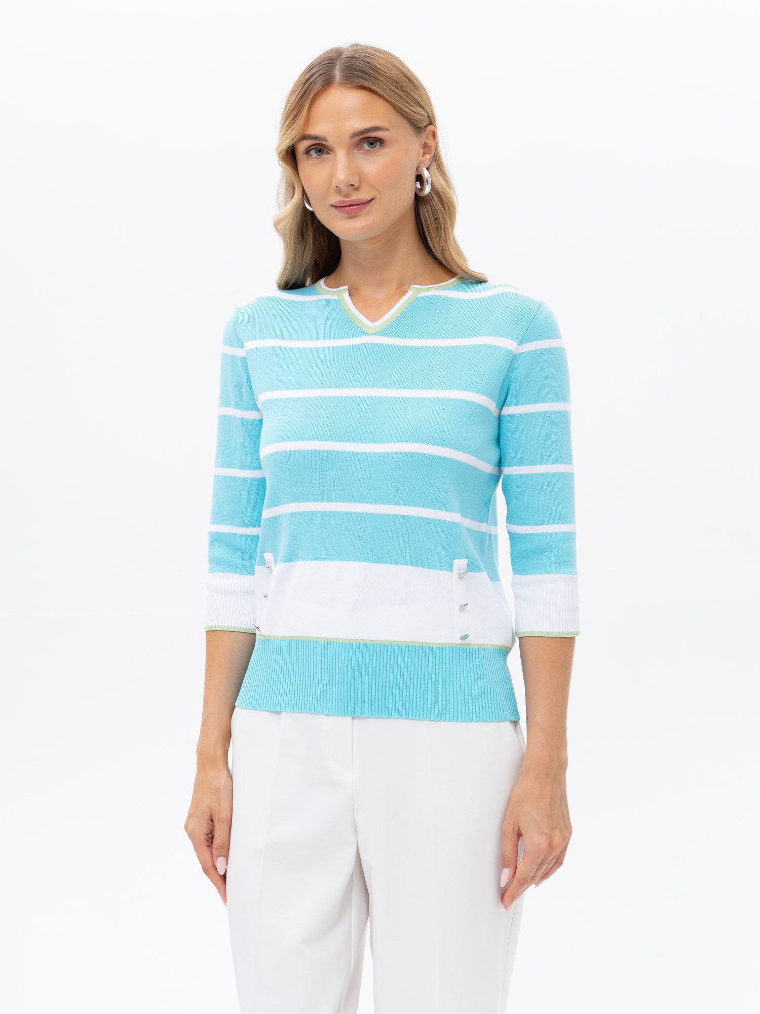 Passioni Strickpullover 3/4-Arm-Shirt mit Streifen Türkises Sommer Strickshirt mit weißen Streifen und SIlbernen Knöpfen