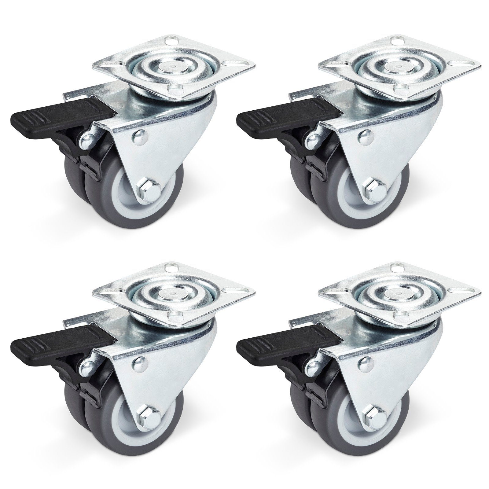 SO-TECH® Schwerlastrolle Doppelte Transportrolle Ø 50 mm mit Anschraubplatte 60x60 mm, (4-St), bis 400 kg, Мебельrolle mit Bremse Ø 50 mm
