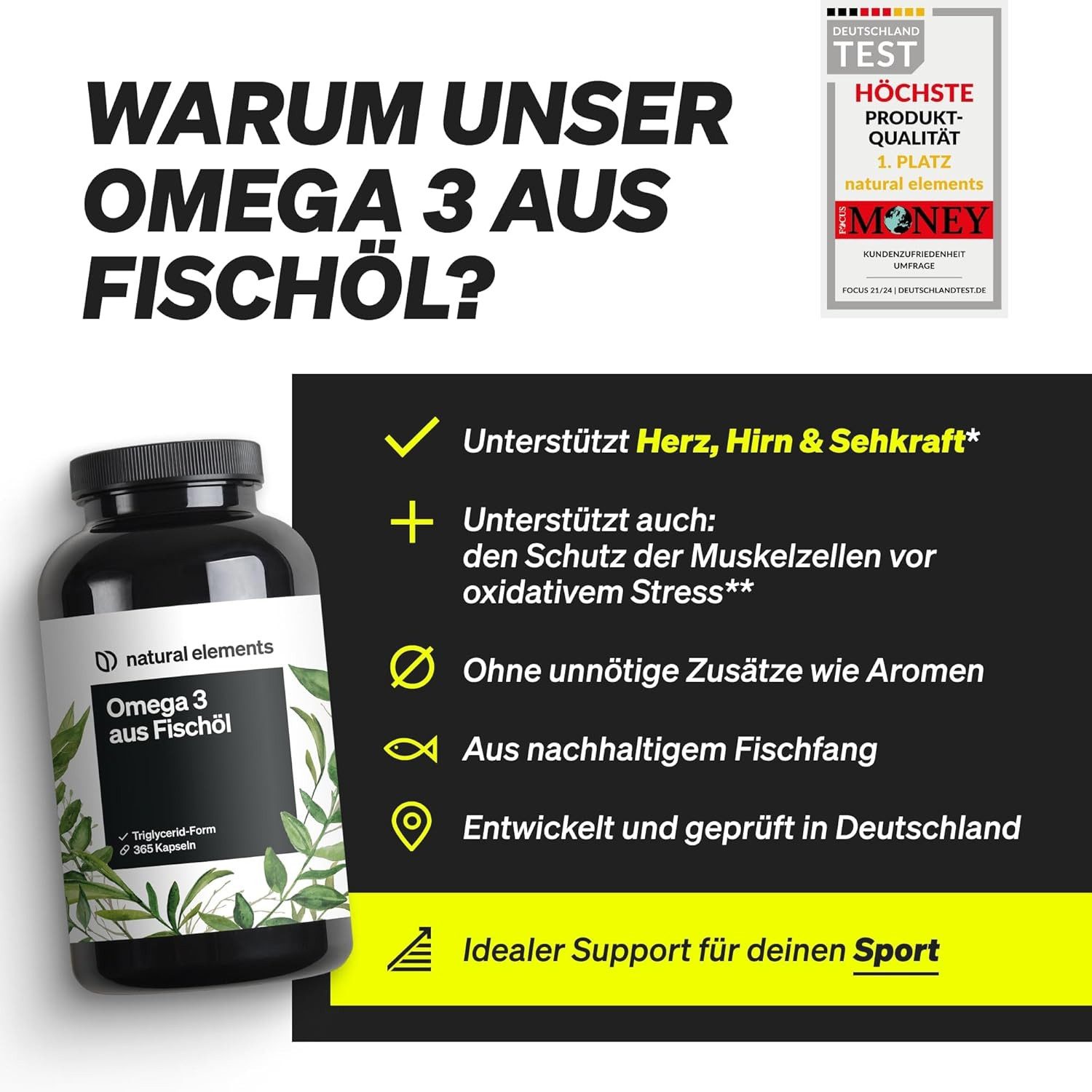 natural elements Omega 3 mit EPA und DHA 2000mg Fischöl pro Tagesdosis Kapseln, 365 er aufwendig aufgereinigt und aus nachhaltigem Fischfang à 365 St., 491 g, Triglycerid-Form Laborgeprüft Ohne unnötige Aromen