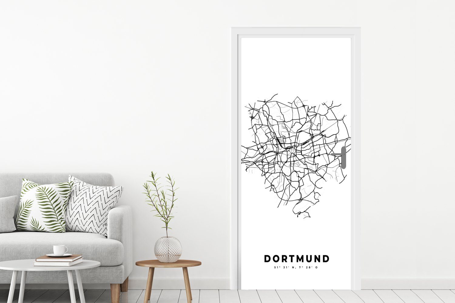 St), Karte, cm - weiß Türtapete - - Deutschland Tür, und Dortmund Fototapete Schwarz (1 75x205 für Stadtplan bedruckt, Matt, Türaufkleber, - MuchoWow