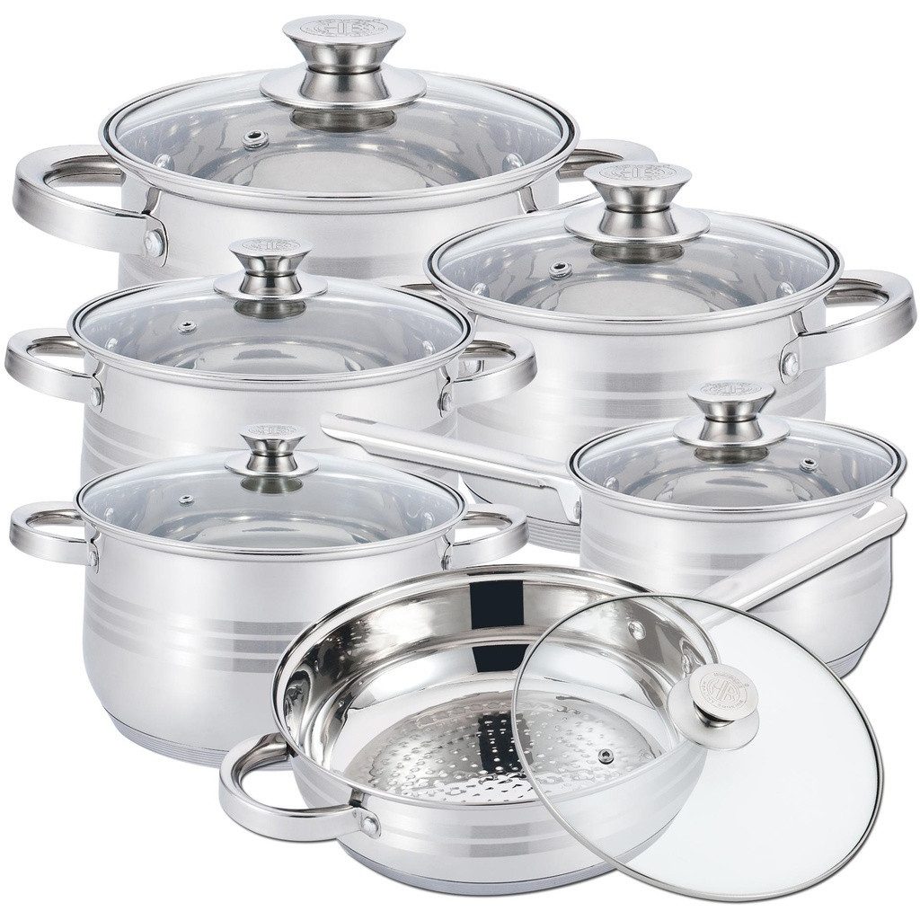 Herzberg Topf-Set Herzberg HG-1241: 12-teiliges Kochgeschirr-Set aus Edelstahl