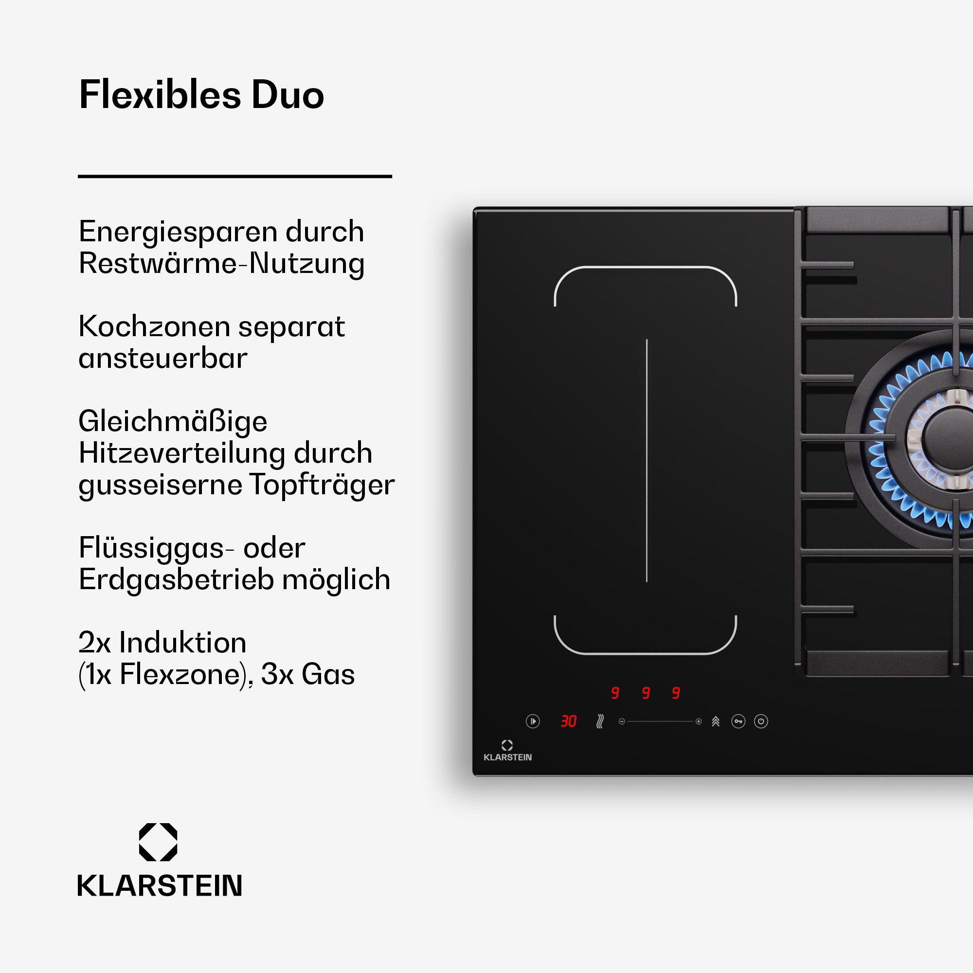 Klarstein Induktions-Kochfeld MultiChef 5 Induktion + Gas 5 Zonen 3 Gas + 2 Induktion mit Slider, Einbau-Kochfeld Hob Hybrid mit Schieberegler & Stop&Go-Funktion
