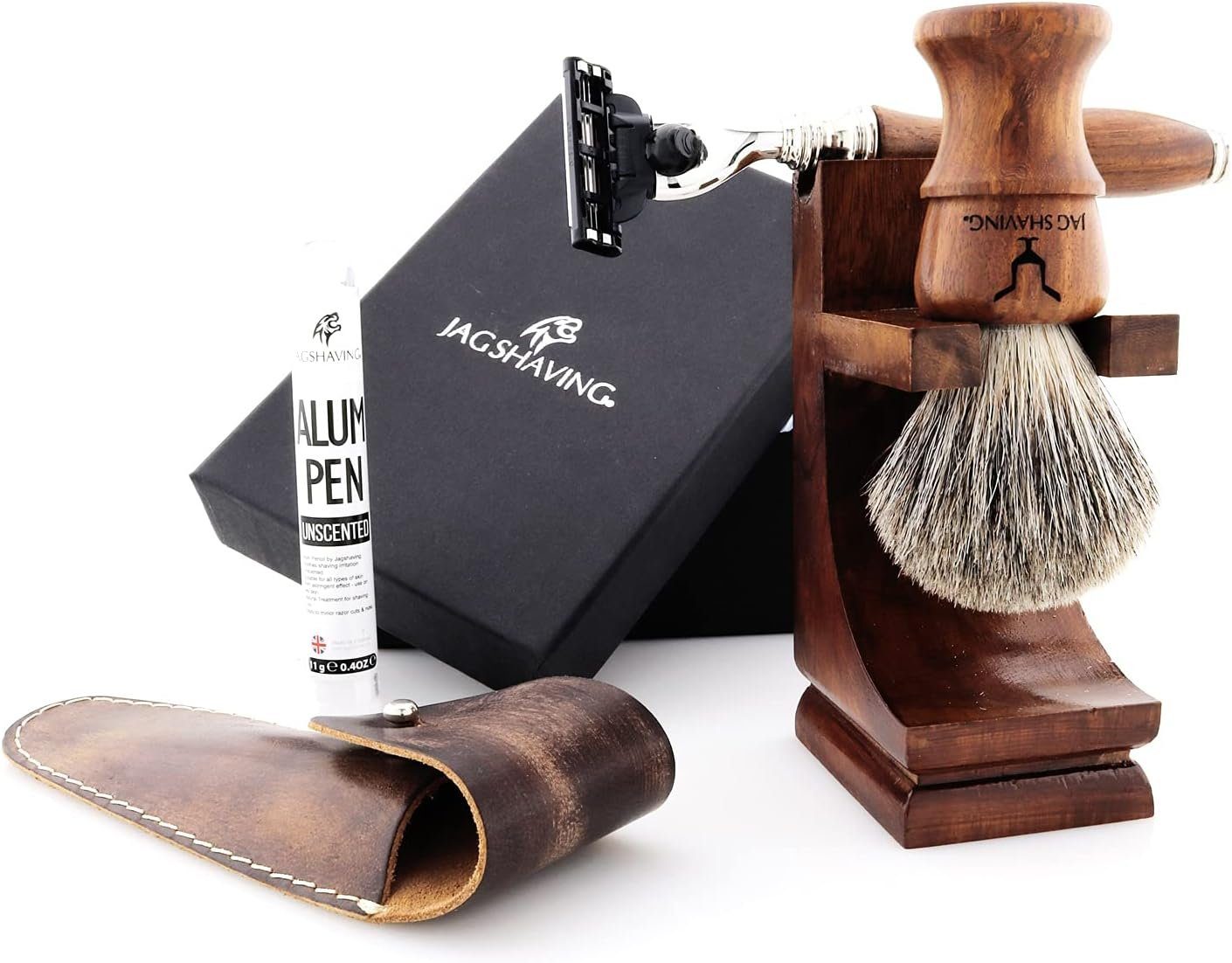 JAG SHAVING Rasierset 5-teiliges Premium- und Private-Holz-Rasierset für Herren, 5-tlg., Gillette Mach3 Бритви, Haarbürste, Lederetui, Alaun-Stickständer, perfekt für Männer Geschenkset