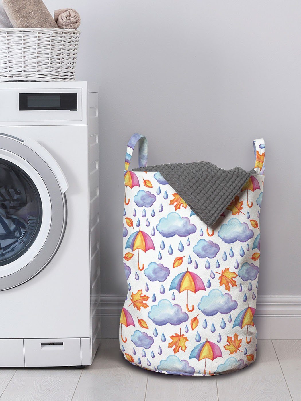 Wäschekorb für Kordelzugverschluss Abakuhaus Aquarell-Regen-Regenschirm Wäschesäckchen Waschsalons, mit Griffen Herbst