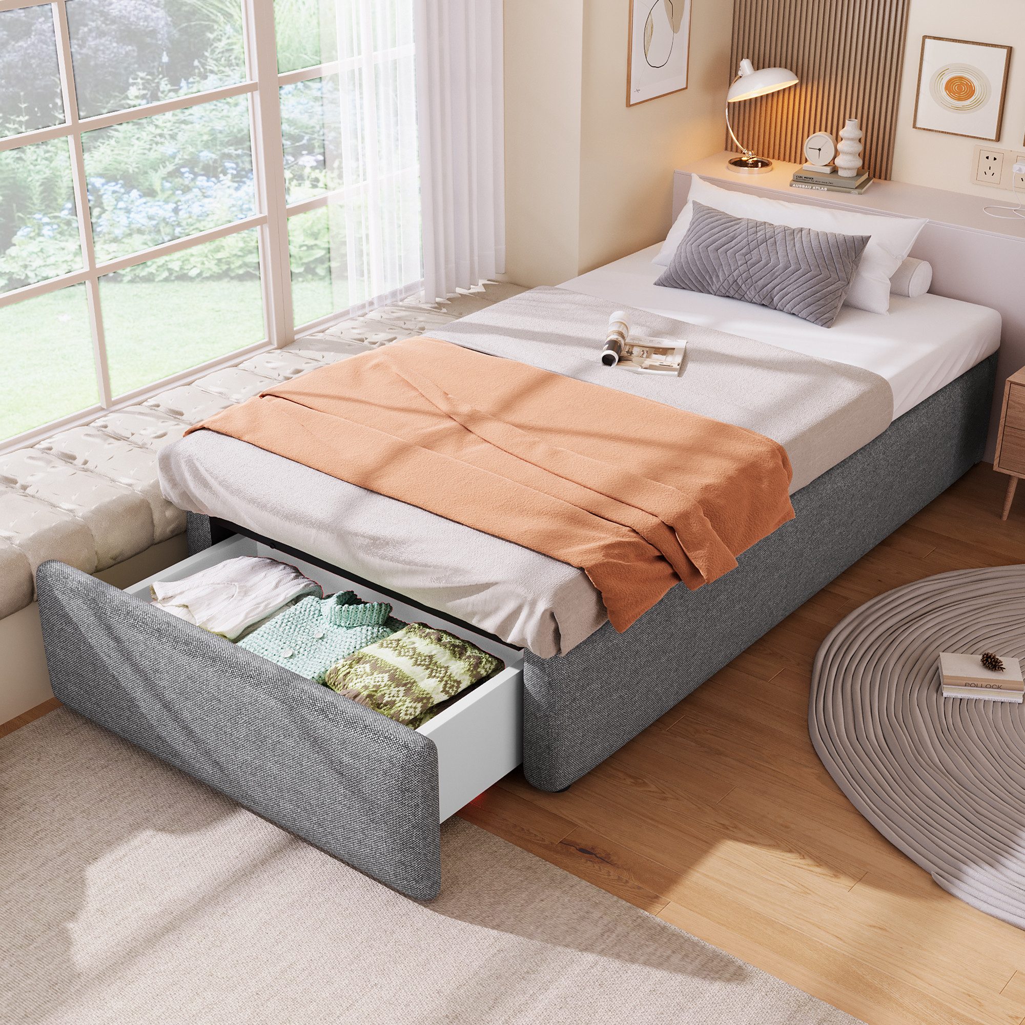 TavilaEcon Boxspringbett Polsterbett ohne Kopfteil, mit hydraulischer Lagerung und Schubladen, aus massivem MDF und Spanplatten, mit stabilem Bettrahmen