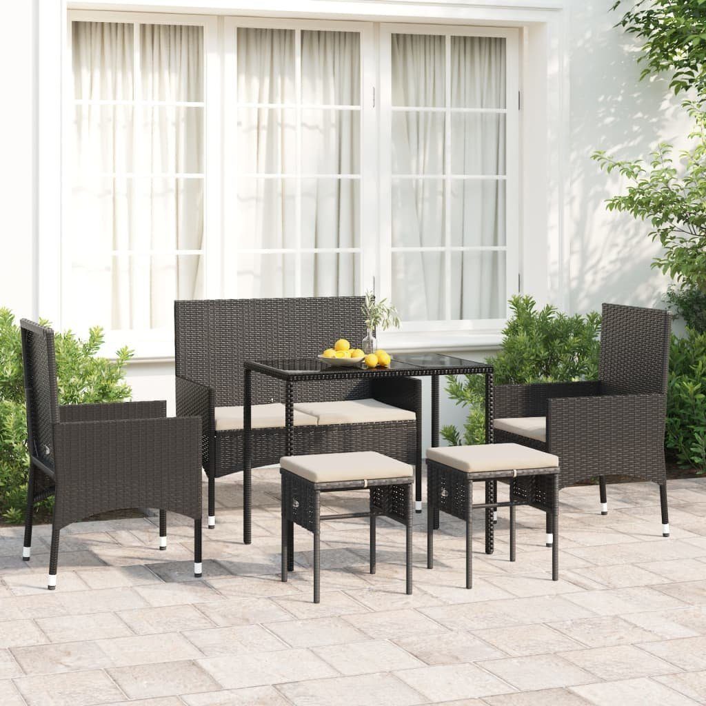 (6-tlg) Kissen Schwarz Schwarz Poly mit Garten-Lounge-Set vidaXL Gartenlounge-Set Weiß 6-tlg. Rattan, und