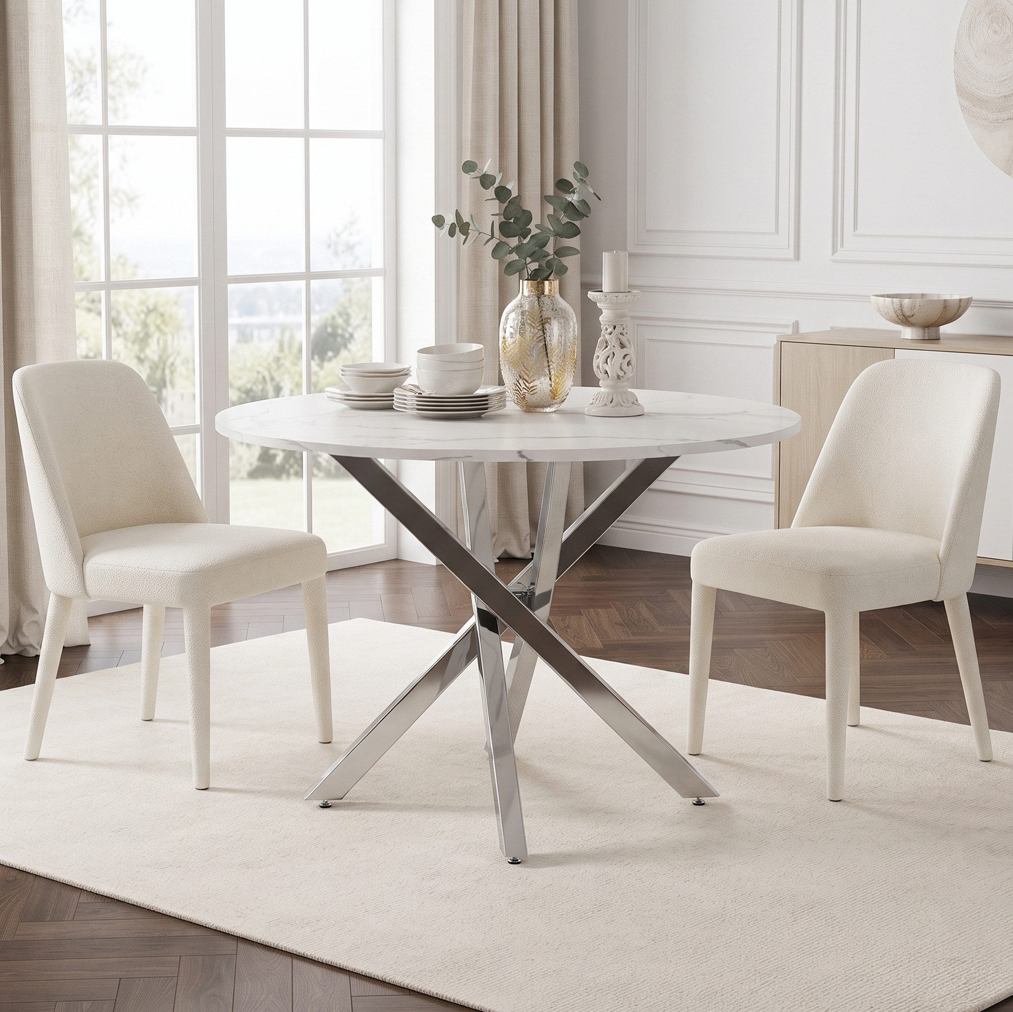MODFU Esstisch Runder Tisch mit Marmoroptik & stabilen Metallbeinen (Packung, 1-St., Weiß+Silber, für Esszimmer & Küche), 80×80×75 cm, verchromte Silberbeine