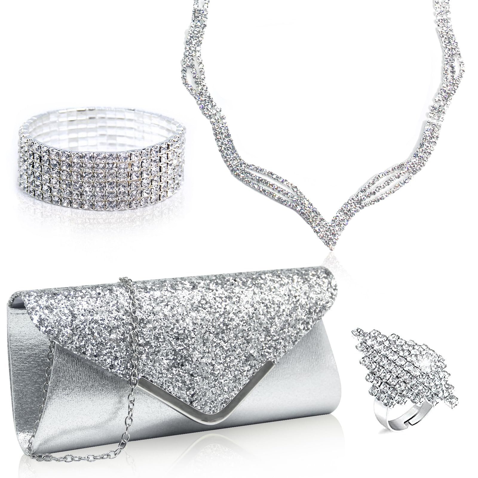 Zaewry Schmuckset 4-teiliges Damen-Schmuckset, silbernes Strass-Schmuckset, geeignet für Braut, Hochzeit, Ball und andere Anlässe