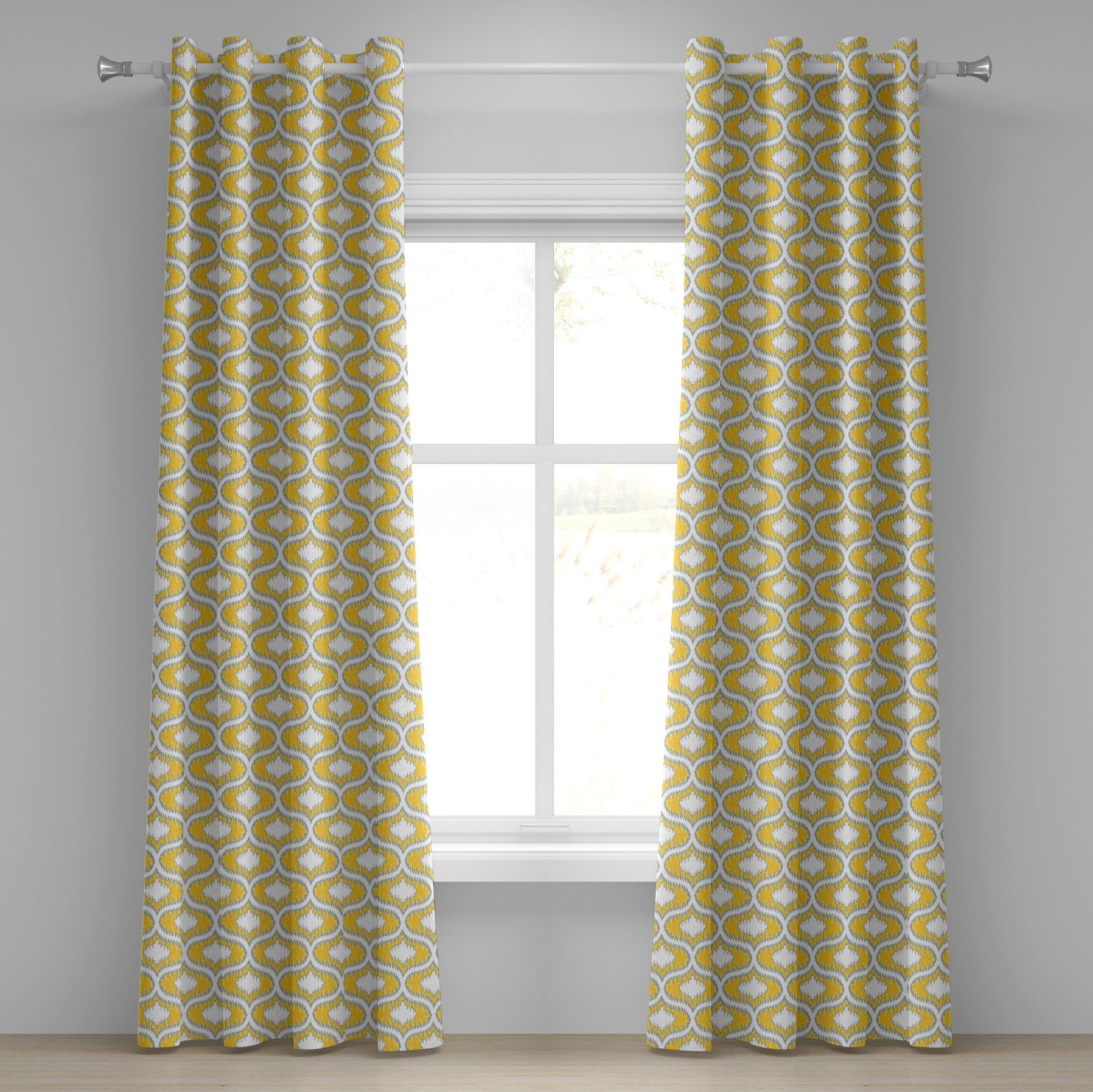 Gelb für Wohnzimmer, Gardine ovale Dekorative Vivid 2-Panel-Fenstervorhänge Abakuhaus, Schlafzimmer Ikat Formen