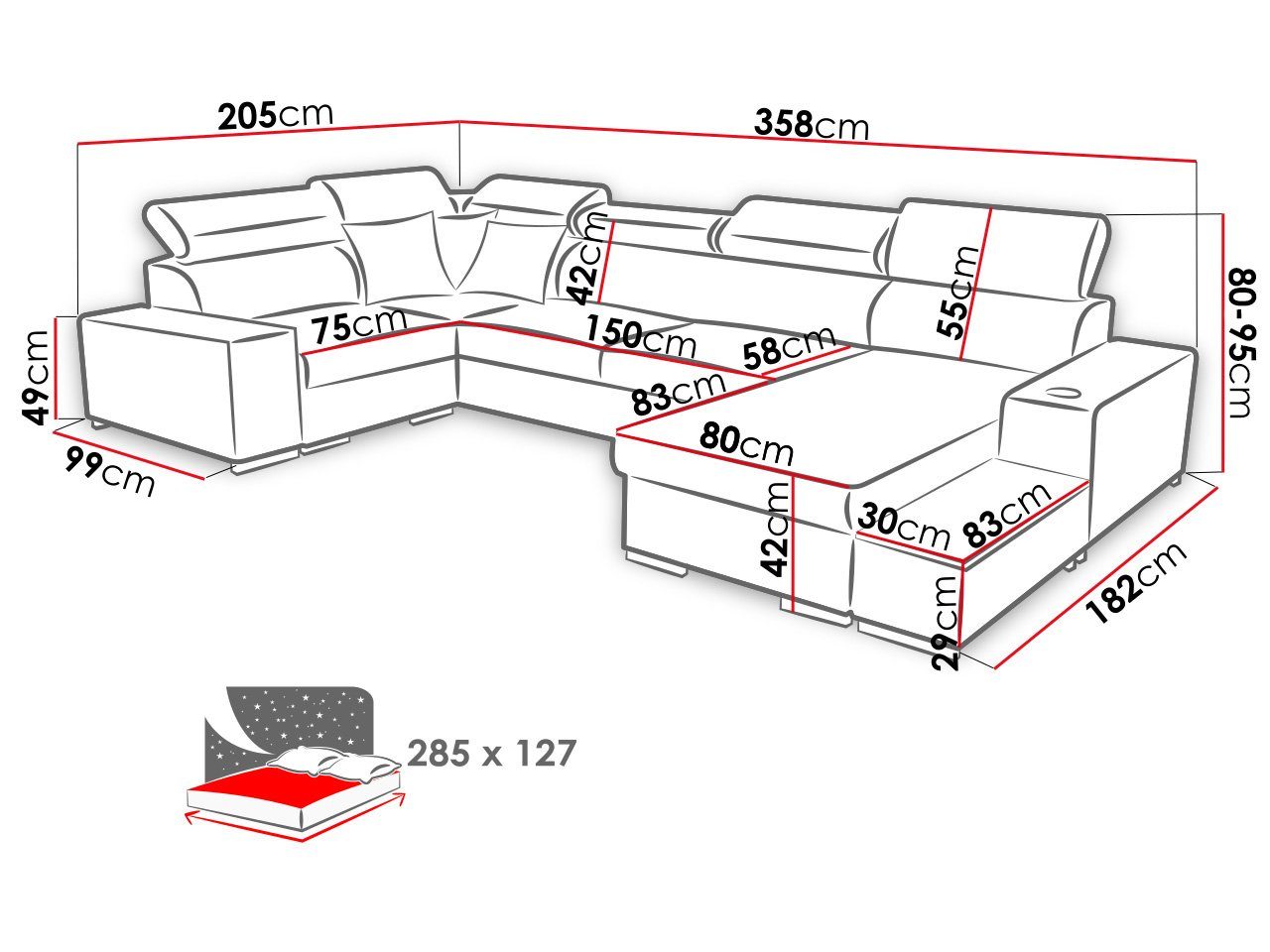 MIRJAN24 Wohnlandschaft Perseo Kissen-Set mit IV Einstellbare Kopfstützen, U-Form, Maxi, zwei und Schlaffunktion, Bettkästen