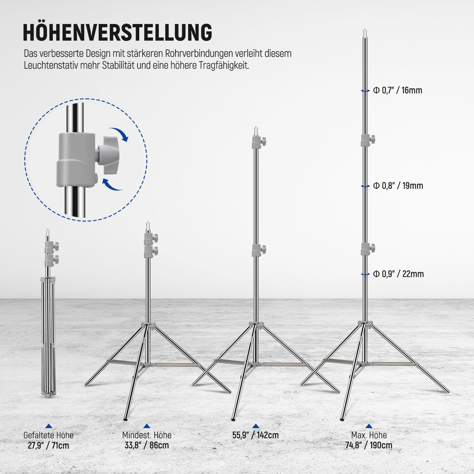 Neewer ST-190SS 190cm Lichtständer, Edelstahl, federbelastet, max. 6,5kg Lampenstativ (faltbares, mit stärkeren Rohrverbindungen, für Softbox Ringlicht)