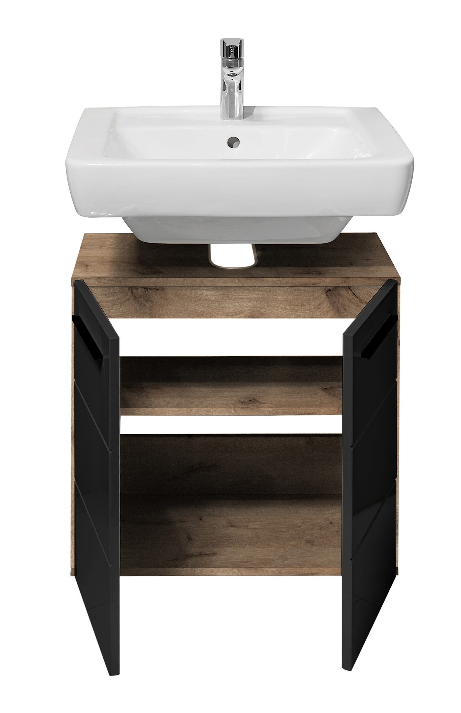 BEGA BBK Waschbeckenunterschrank 2 Türen, 1 Boden, schwarz / viking oak Dekor - 60x62x31 (BxHxT) – Bild 5 von 5