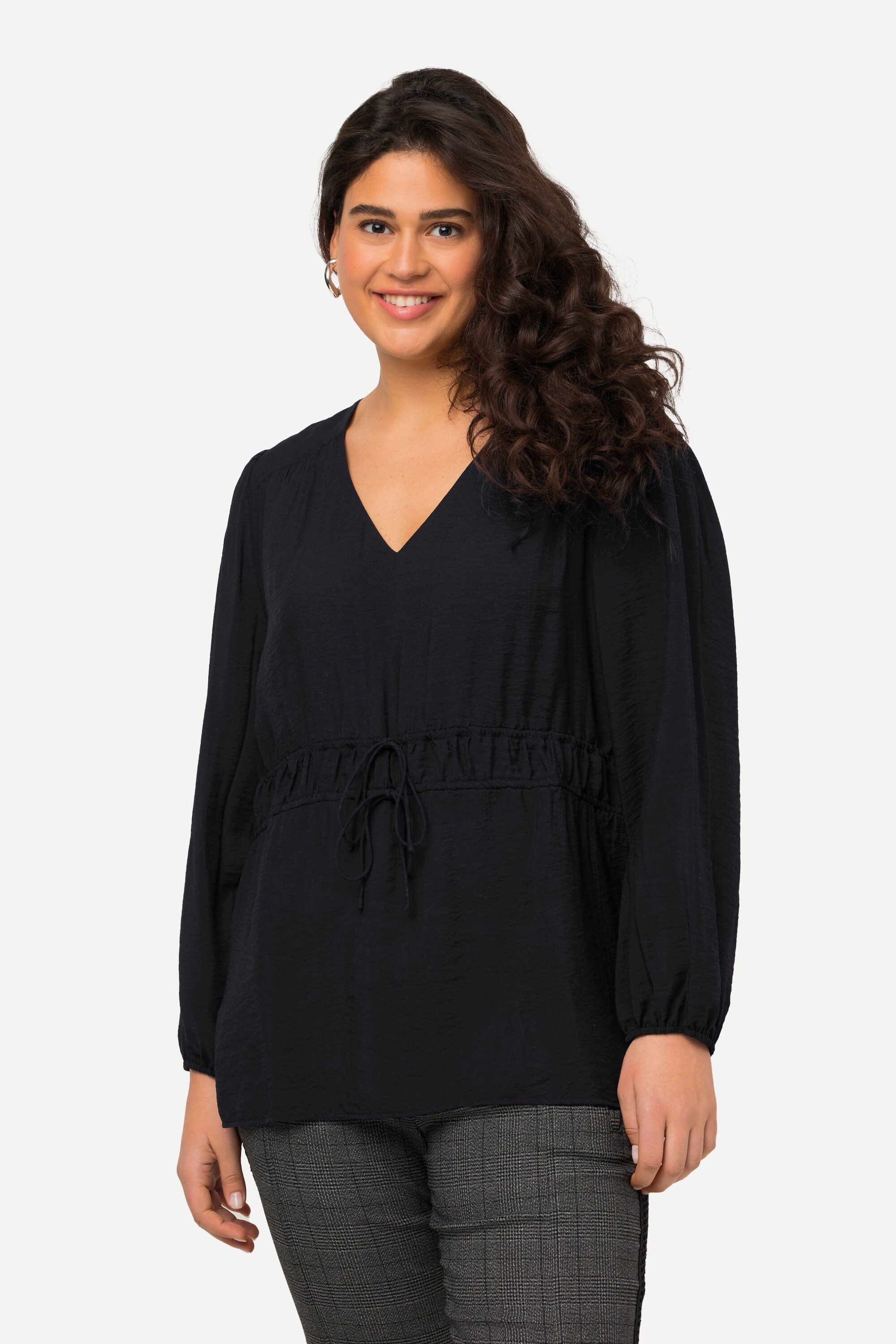 Ulla Popken Druckbluse Bluse Struktur Tunnelzug V-Ausschnitt Langarm günstig online kaufen