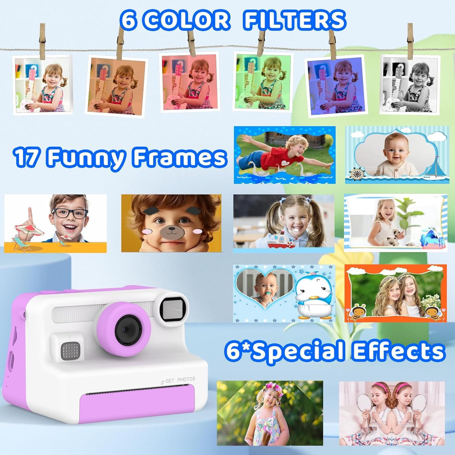 AMZSA Kinderkamera Sofortdruck 1080P HD mit 32GB Karte Sofortbildkamera Sofortbildkamera (inkl. Kinderkamera Set mit Druckpapier Stiften Stickern und 32GB Karte, Sofortdruck 1080P Video 32GB Karte Spiele kompakte Bauweise)
