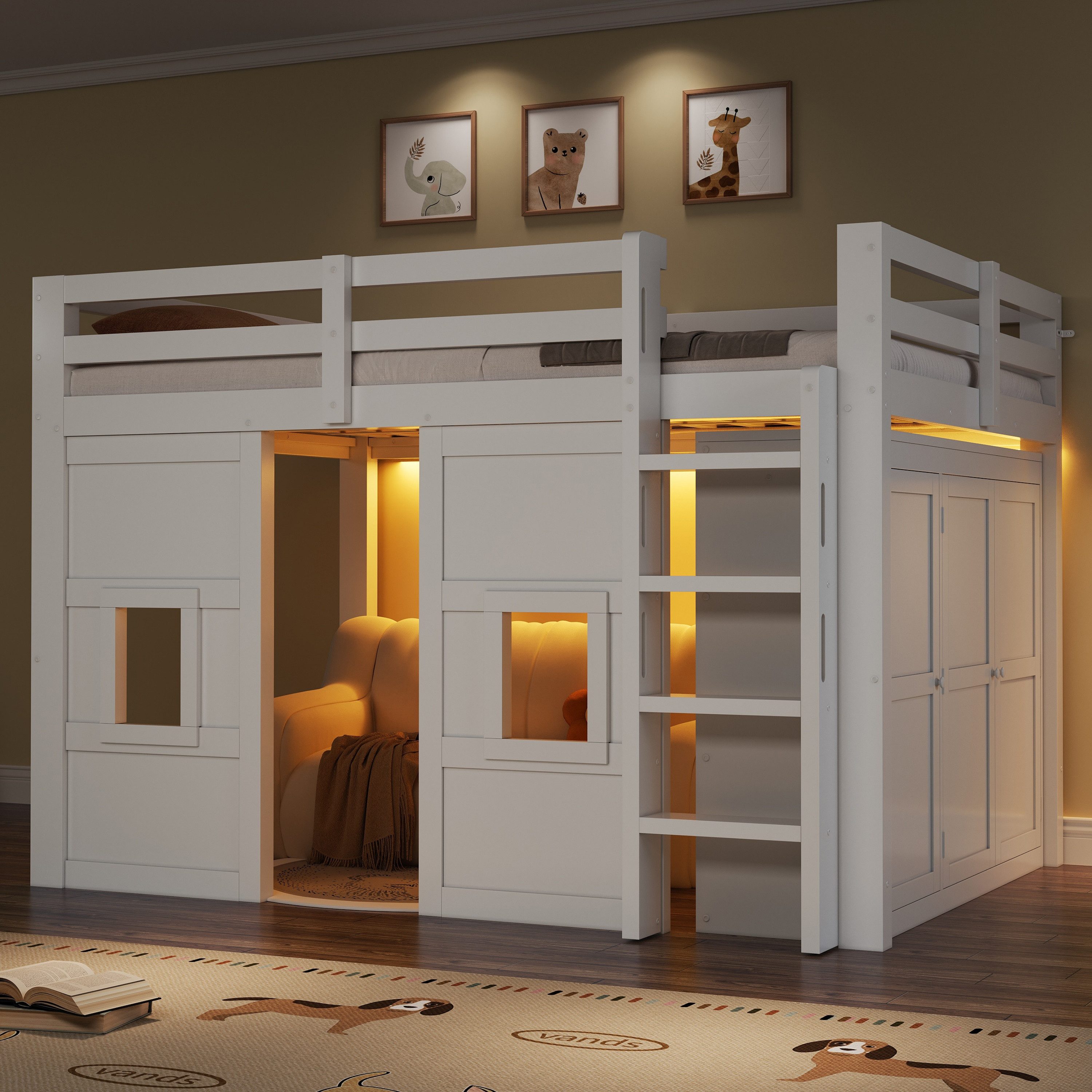 Flieks Hochbett Kinderbett 140x200cm integriertem Kleiderschrank und LED-Beleuchtung