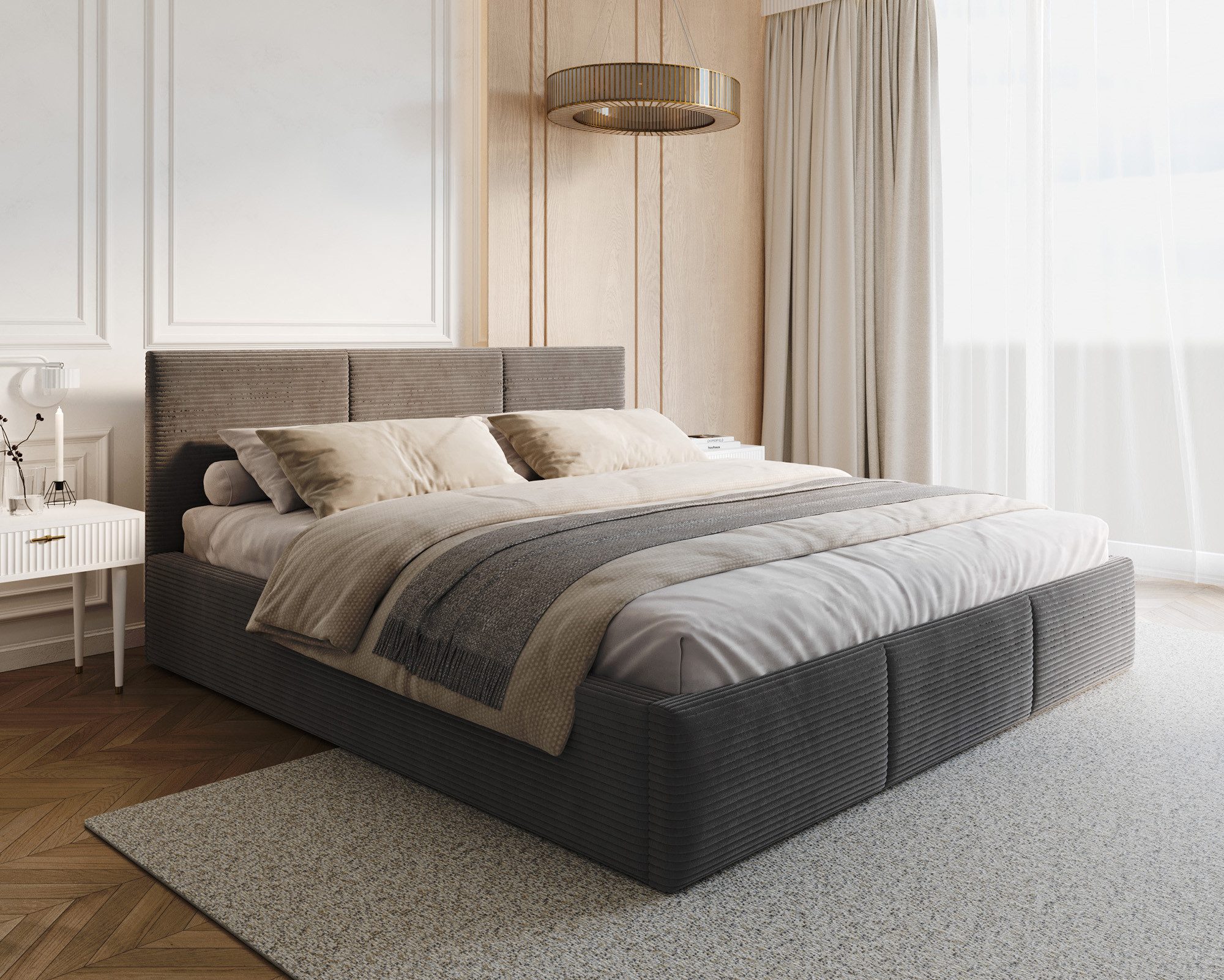 thematys Polsterbett mit Bettkasten & Lattenrost – Stauraumbett Cord 120x200–180x200 (Optional mit 28 cm H3/H4 Taschenfederkern oder 23 cm Taschenfederkern-Matratze H2)