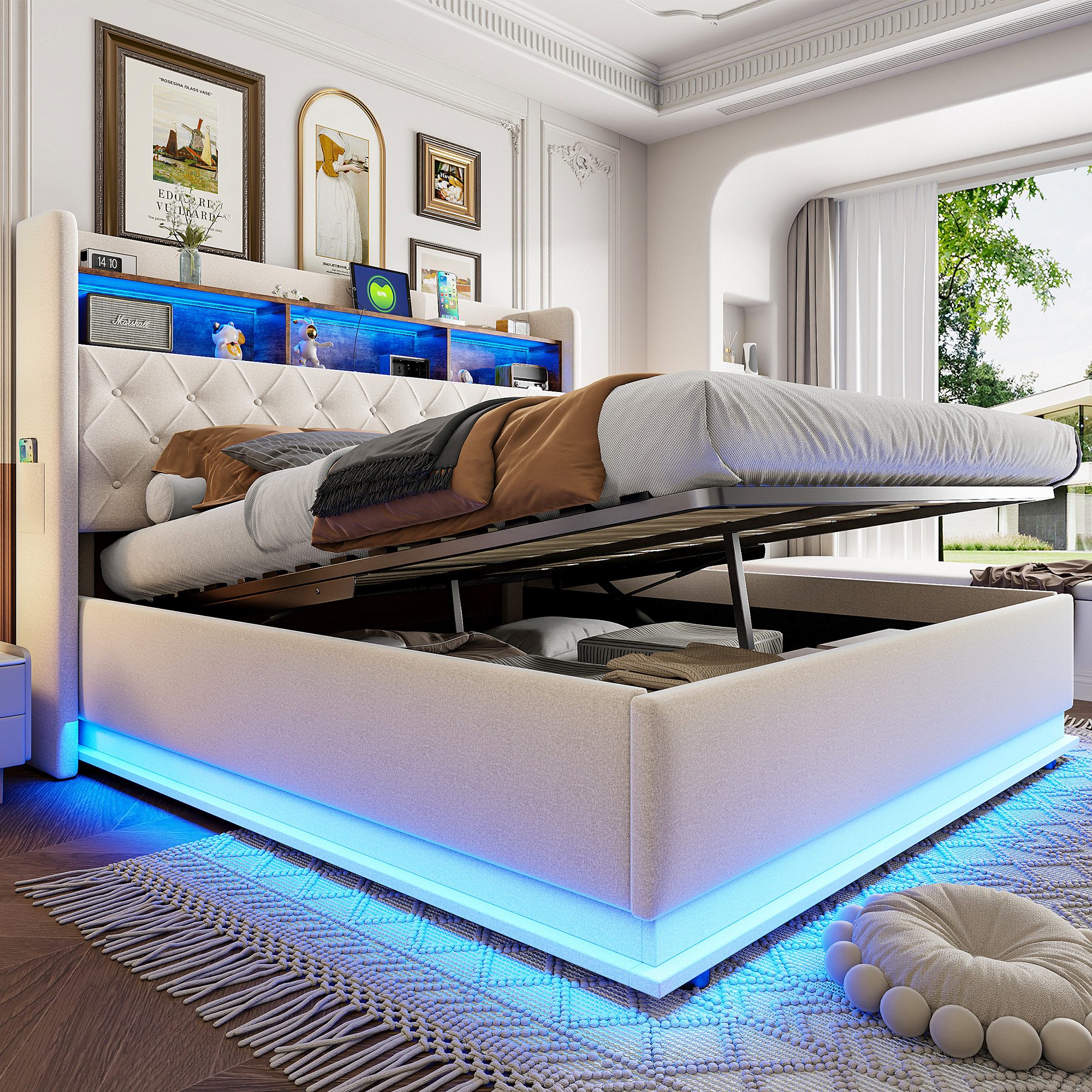 Flieks Polsterbett, LED Doppelbett 180x200cm mit USB-Ladefunktion & hydraul günstig online kaufen