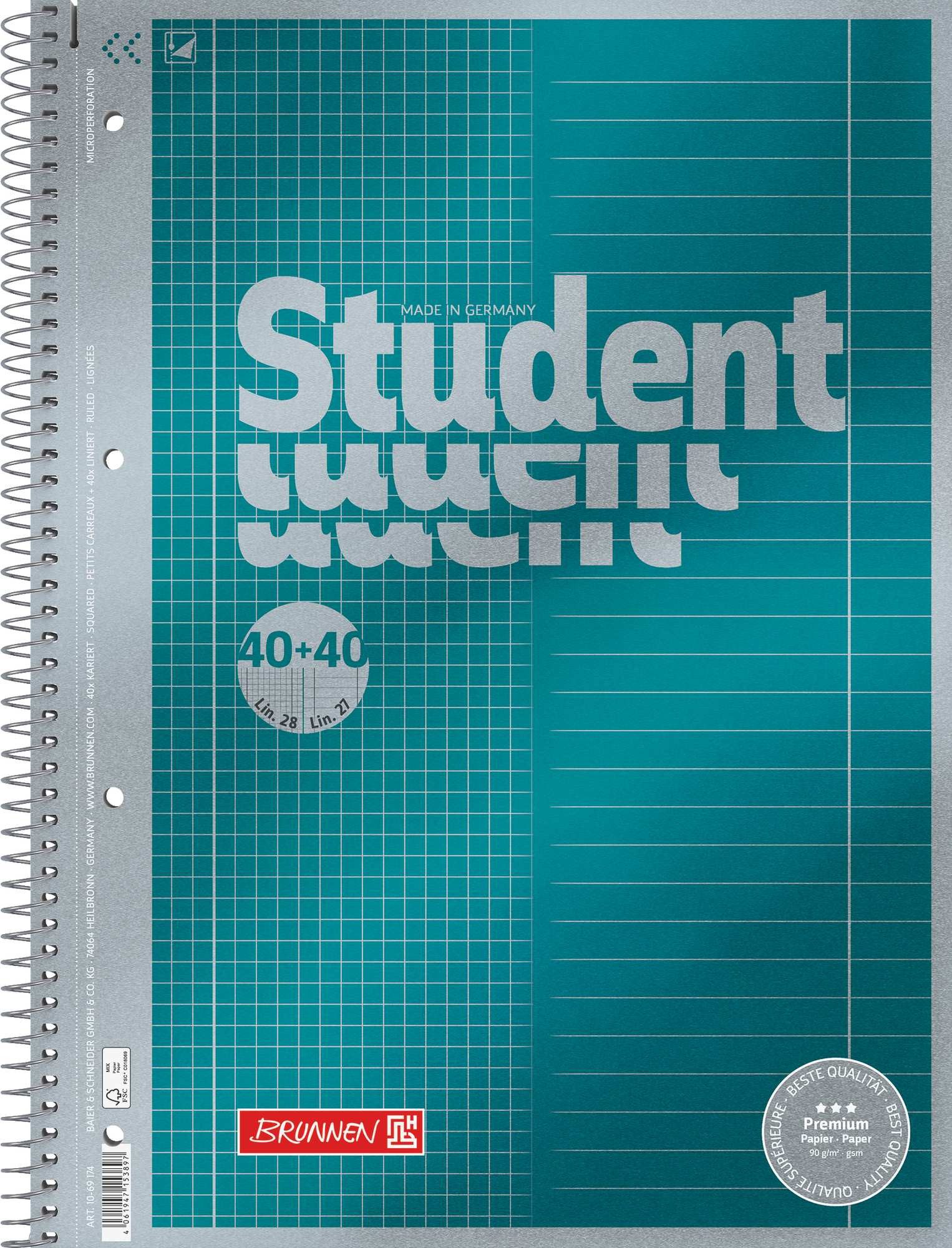 Baier & Schneider Collegeblock Collegeblock Premium Student DUO A4 kariert liniert 80 Blatt, Premiumpapier, hochweiß, satiniert, tintenfest, FSC MIX