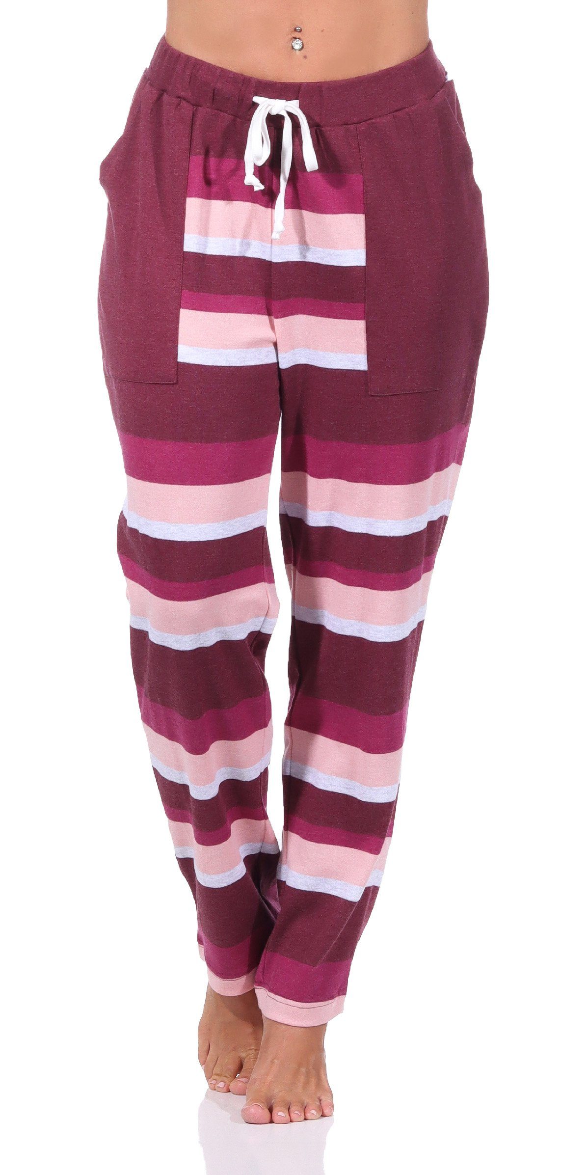 Normann Pyjama Damen Schlafanzug mit in gestreifter Interlock Qualität Hose Kuschel rosa