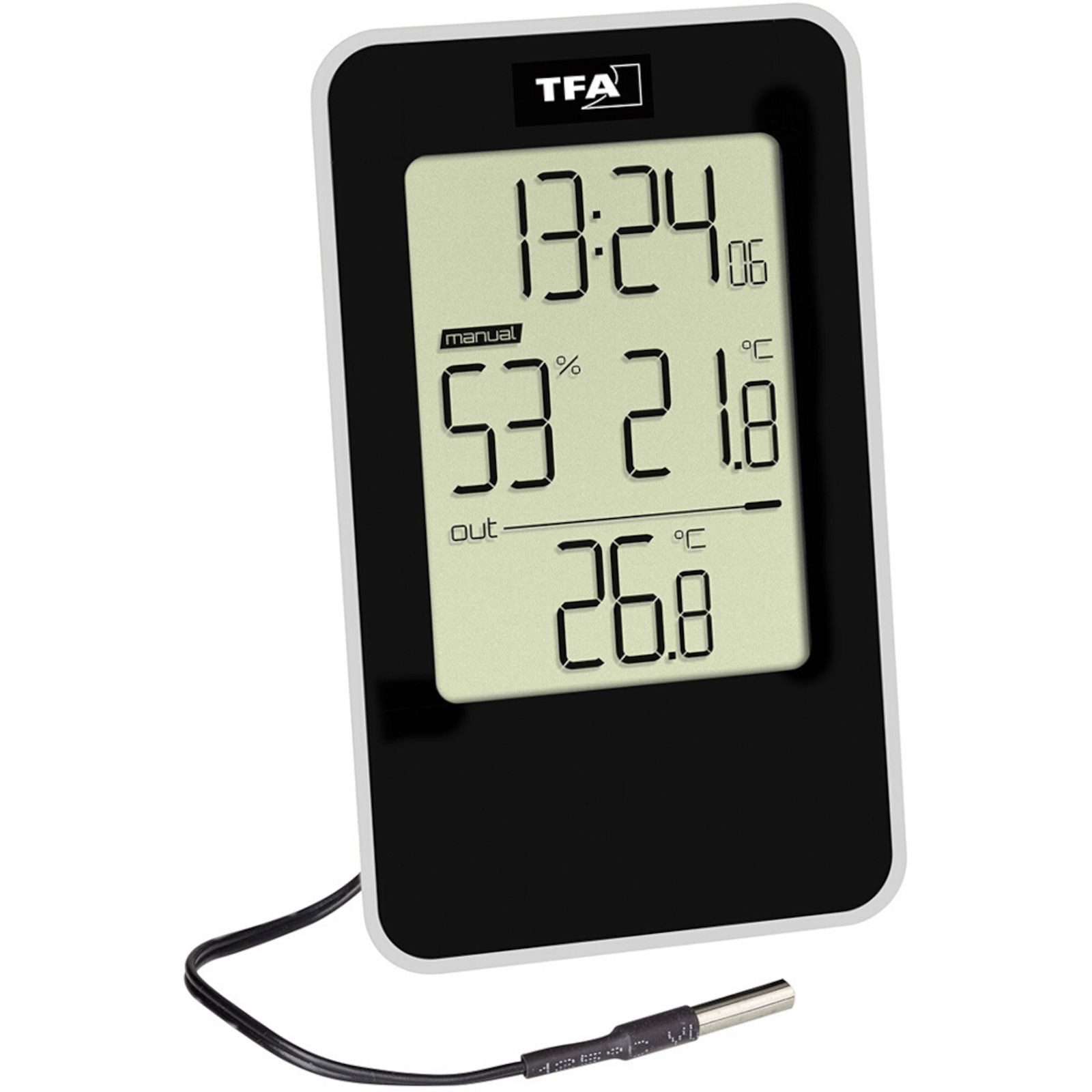 TFA Dostmann Raumthermometer Digitales Thermo-Hygrometer schwarz mit Kabelfühler